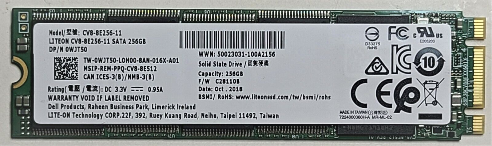 NEW - Dell Latitude 7390 256GB SSD SATA M.2 WJT50 Liteon CV8-8E256-11 - Intel