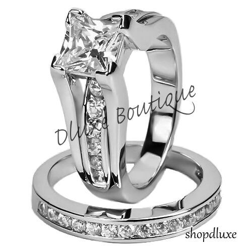 Women\'s Stainless Steel Princess Cut AAA CZ Wedding Ring Set Size 5,6,7,8,9,10