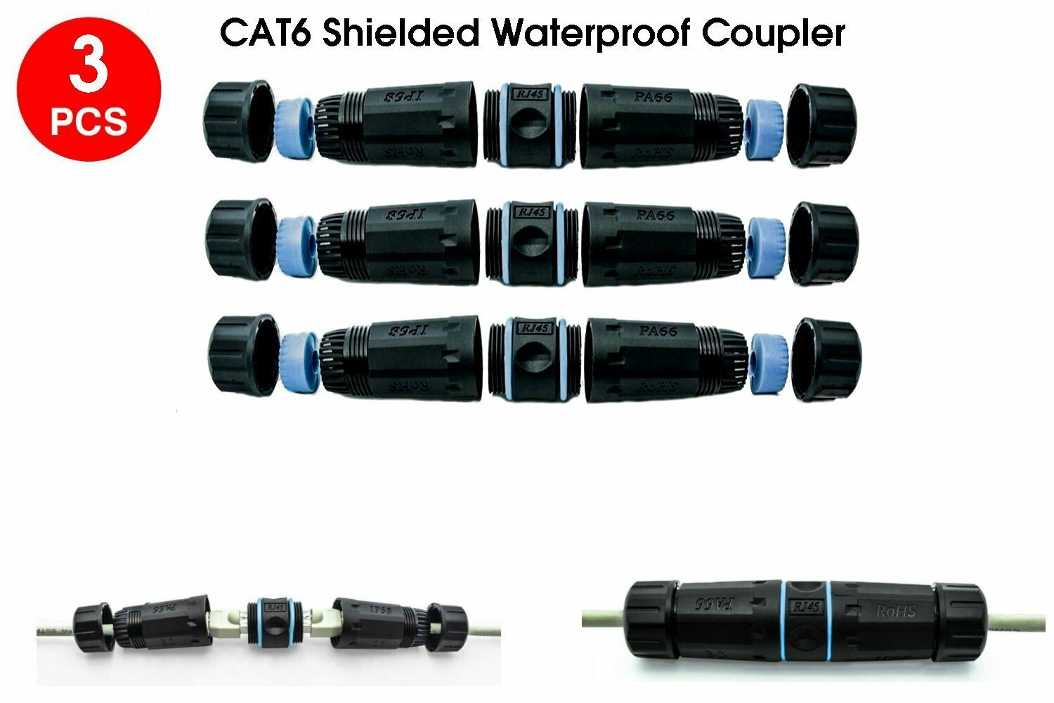 3x CAT6 RJ45 Outdoor Waterproof Shielded Network Ethernet Cable Extender Coupler