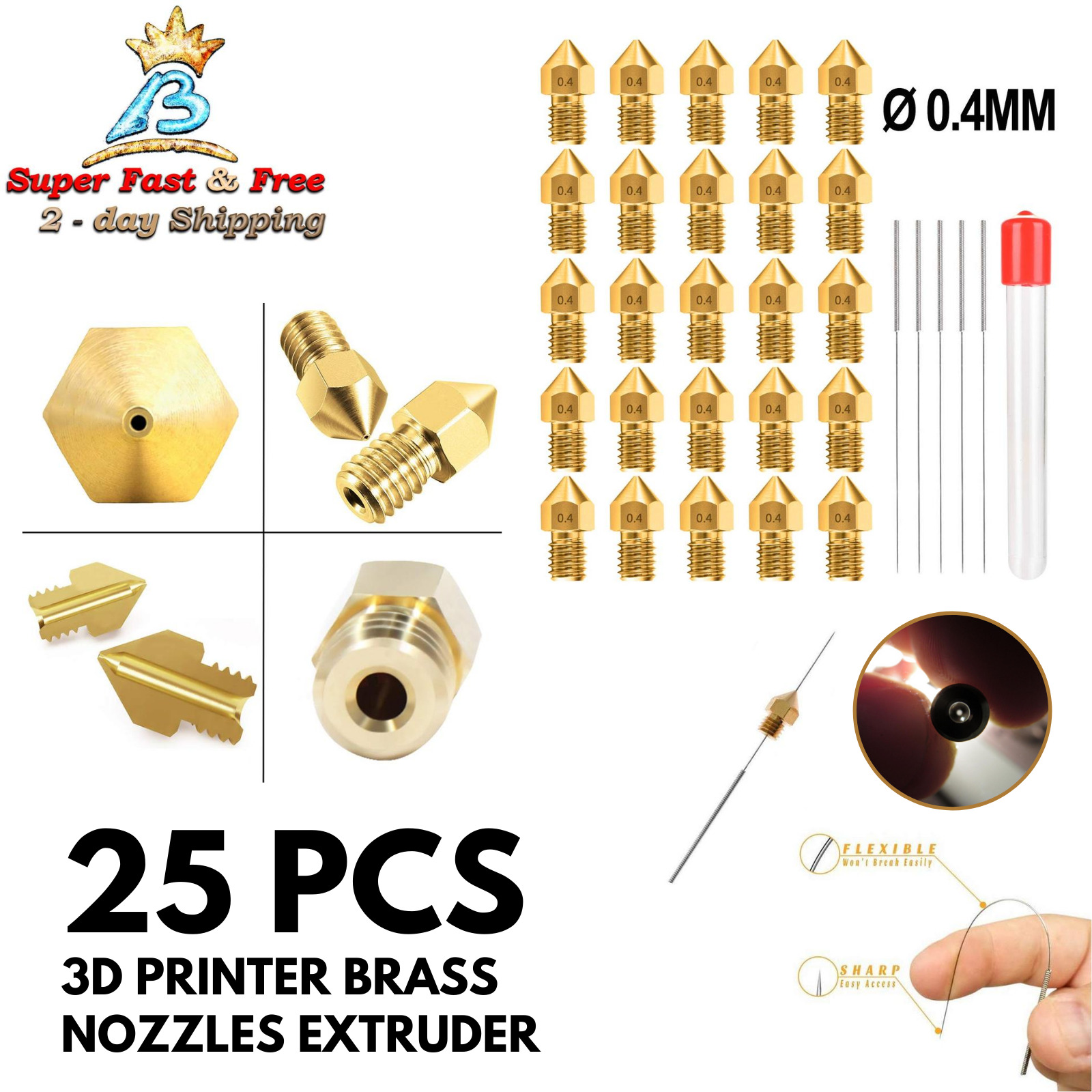 0.4MM MK8 Ender 3 Nozzles 3D Printer Brass Nozzles Extruder For Makerbot 25 Pcs 