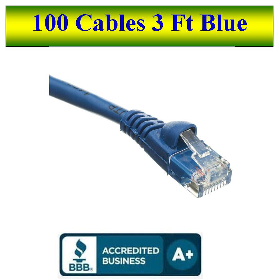 Pack of 100 RJ45 Snagless 3 Foot Cat5e Blue Network Ethernet Patch Cables