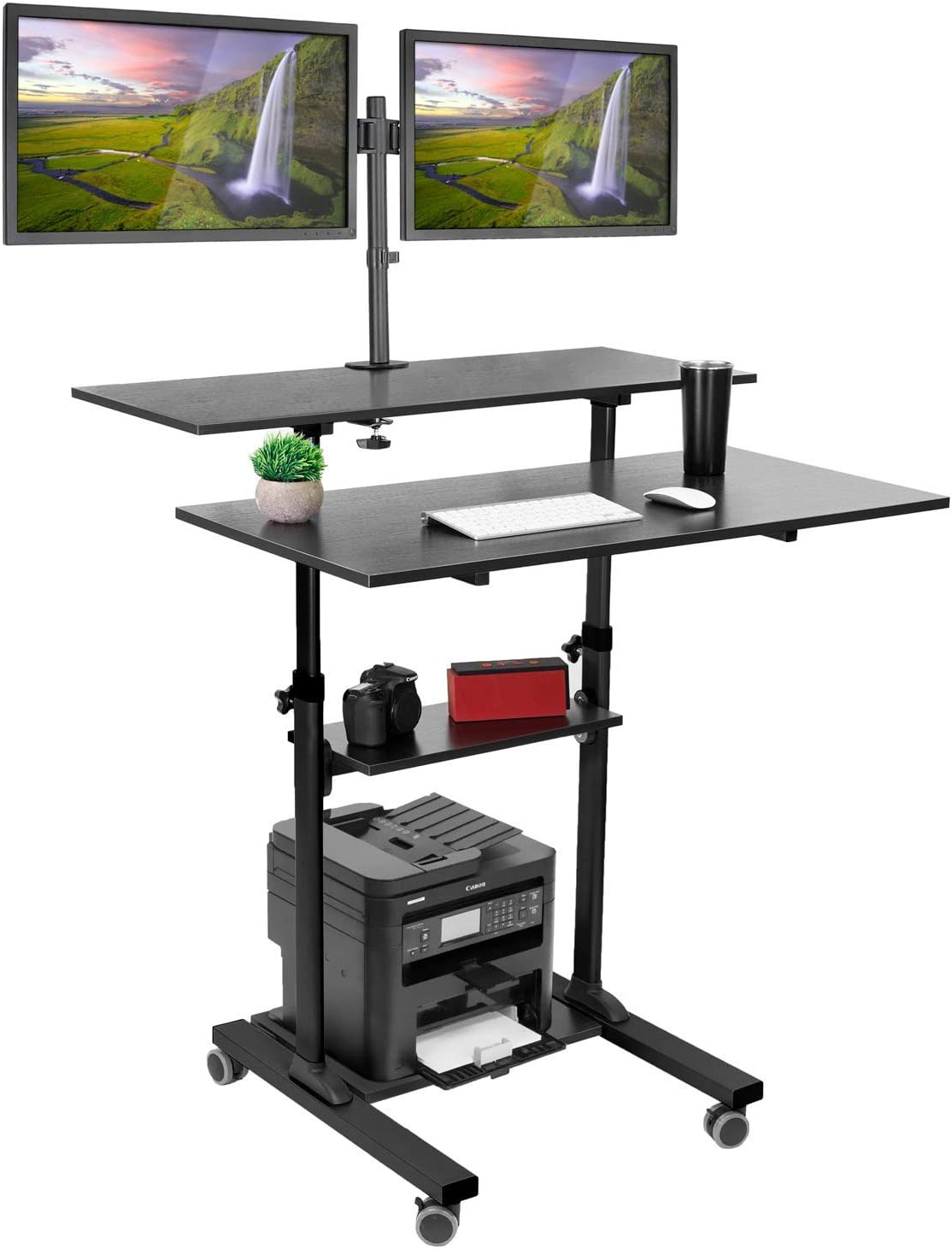 Mobile Standing Desk with Dual Monitor Mount - 40 Inch Wide Height Adjustable Ro