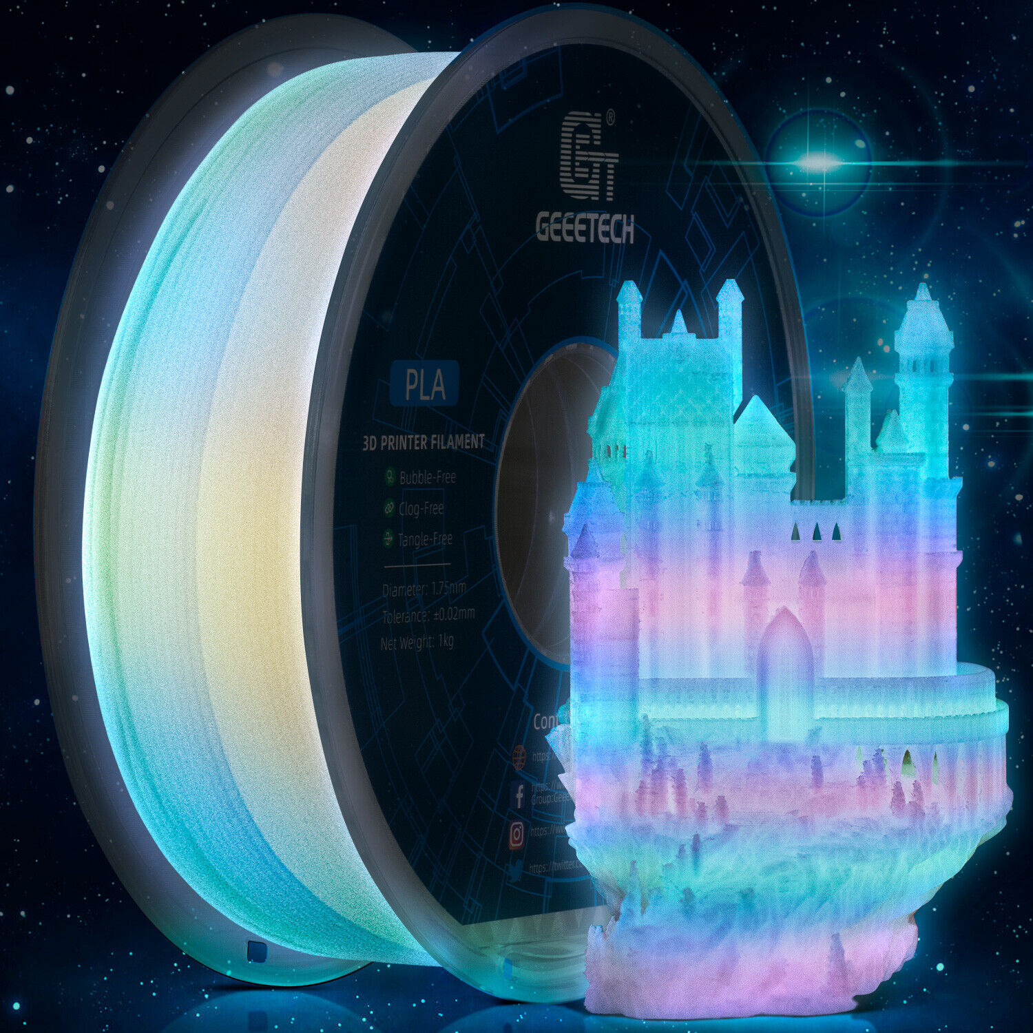 Geeetech 1.75mm Luminous PLA 3D Printer Filament 1kg Multicolor Glow In the Dark