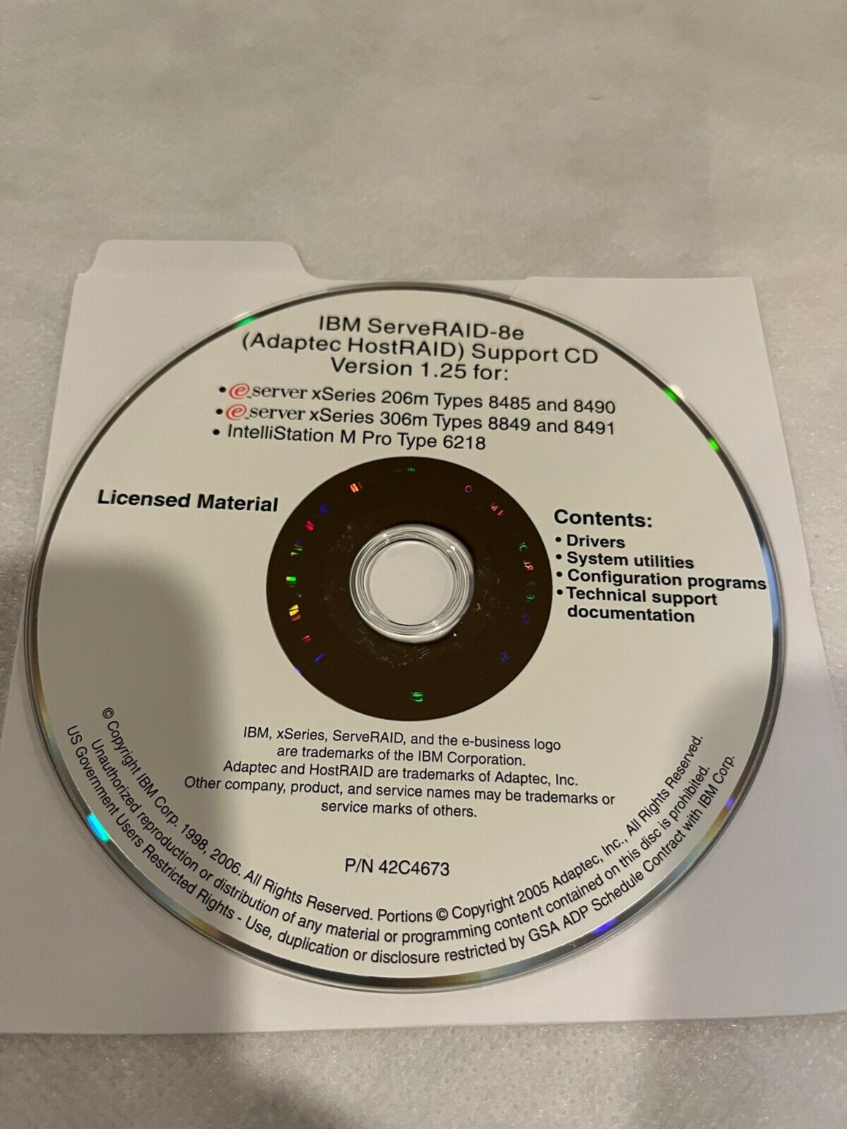 IBM ServeRAID-8e (Adaptec HostRAID) Support CD Version 1.25 P/N 42C4673