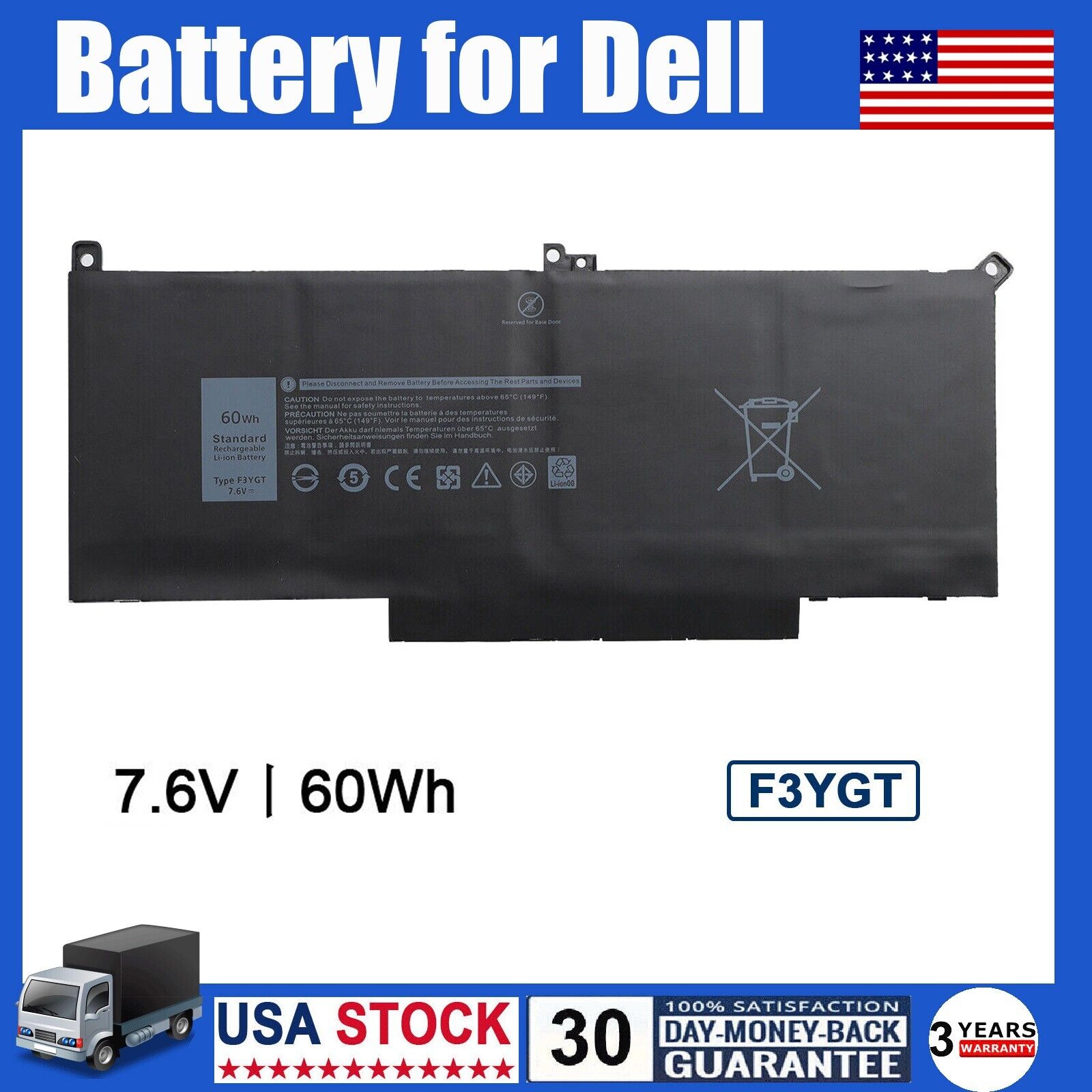 F3YGT Battery For Dell Latitude 12 13 14 E7280 E7480 7380 7390 7480 7490 DM3WC