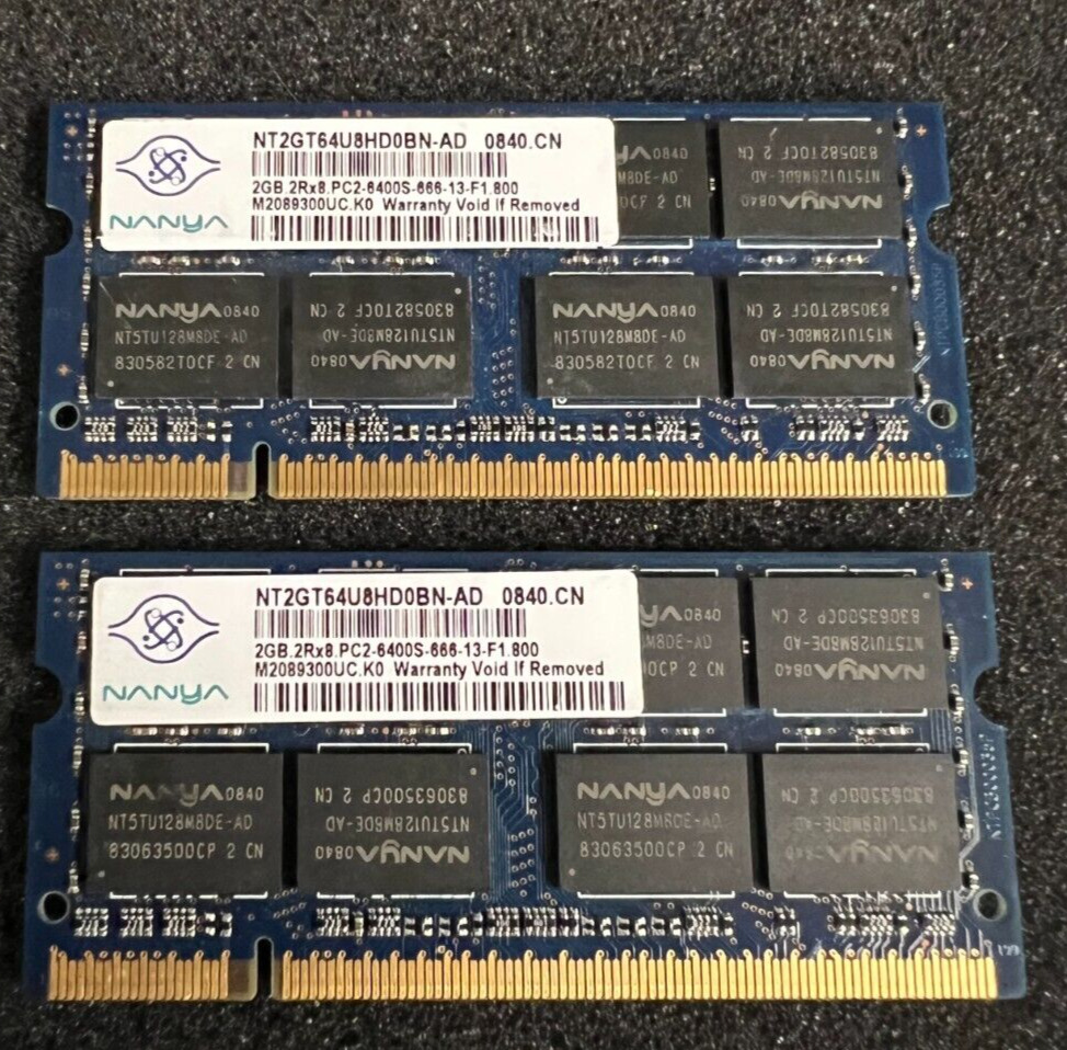 Nanya 4GB Kit; 2 x 2GB PC2-6400 (DDR2-800) SODIMM (NT2GT64U8HD0BN-AD)