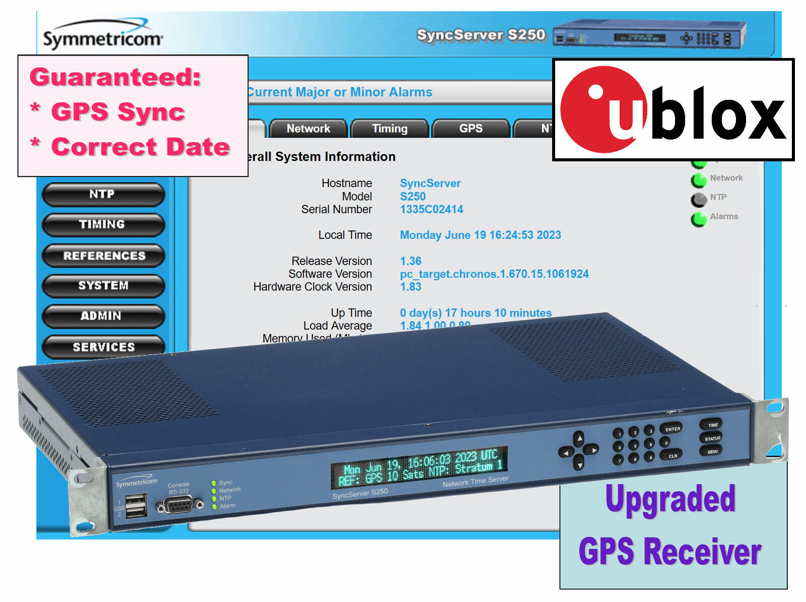 Symmetricom SyncServer 1520R-S250 UPGRADED ublox GPS NTP Network Time Server