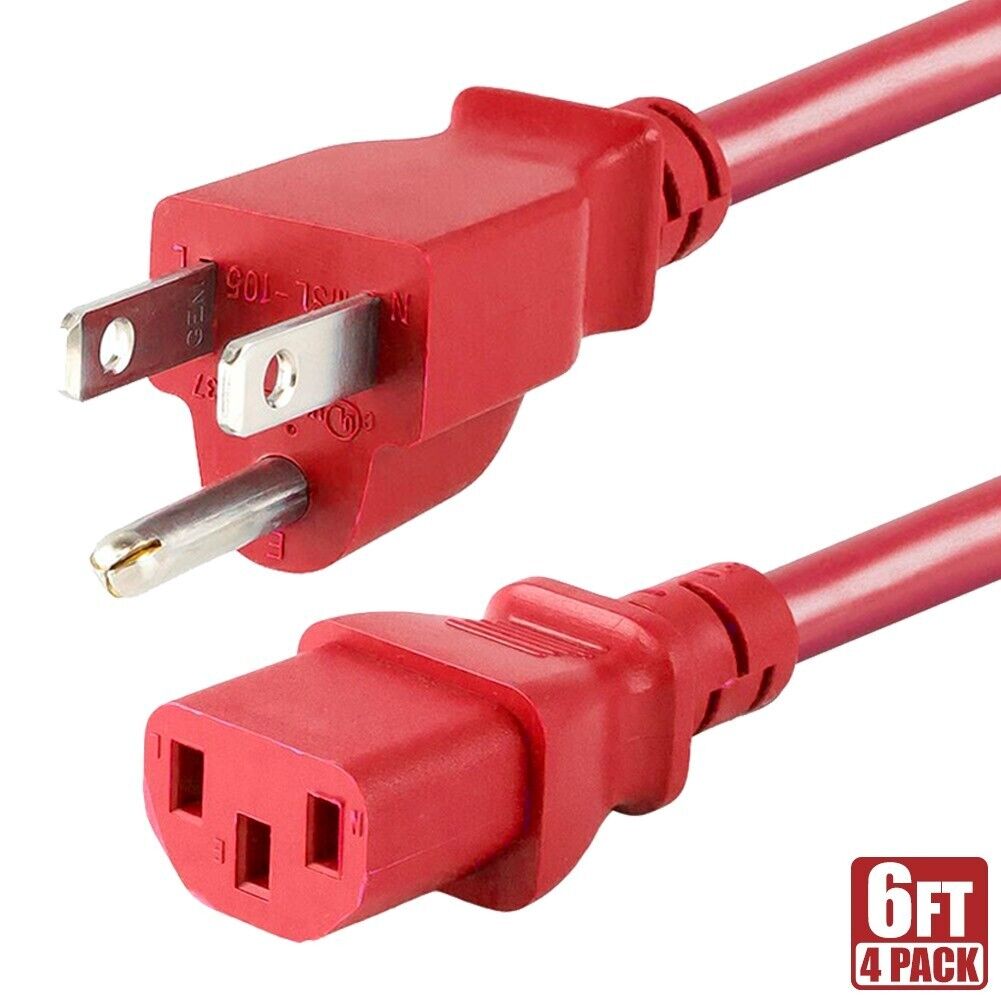 4x 6FT 18 Gauge Power Cord Cable NEMA 5-15P To IEC 60320 C13 10A PC Monitor Red