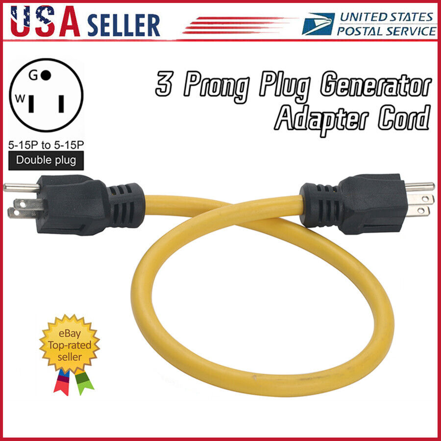 3 Prong Plug to Plug 125V 12AWG Generator Adapter Cord NEMA 5-15P to 5-15P NEW