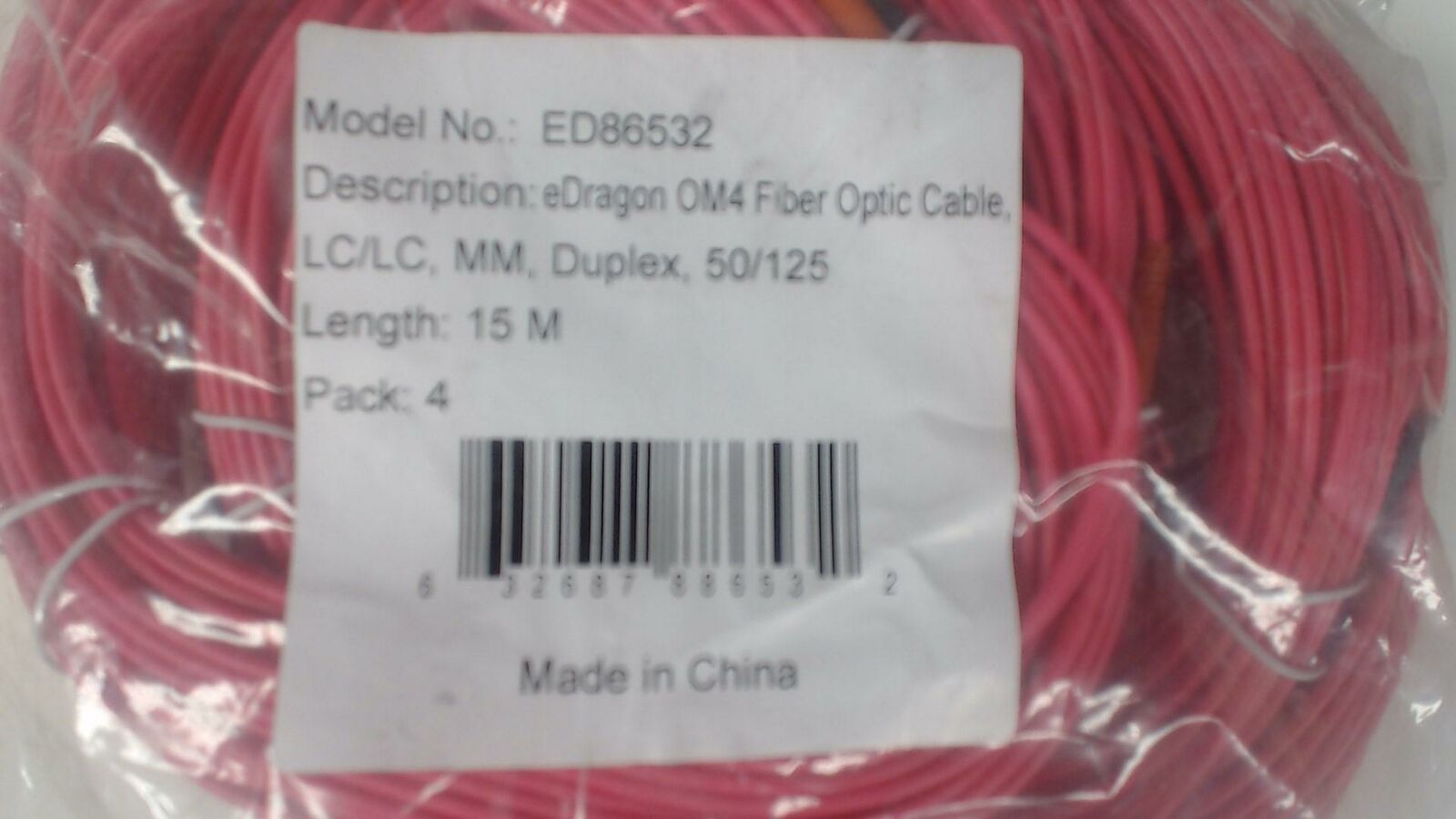 Lot of four: Pink 15 Meter - LC / LC Multimode Duplex 50/125 Fiber Optic Cable 