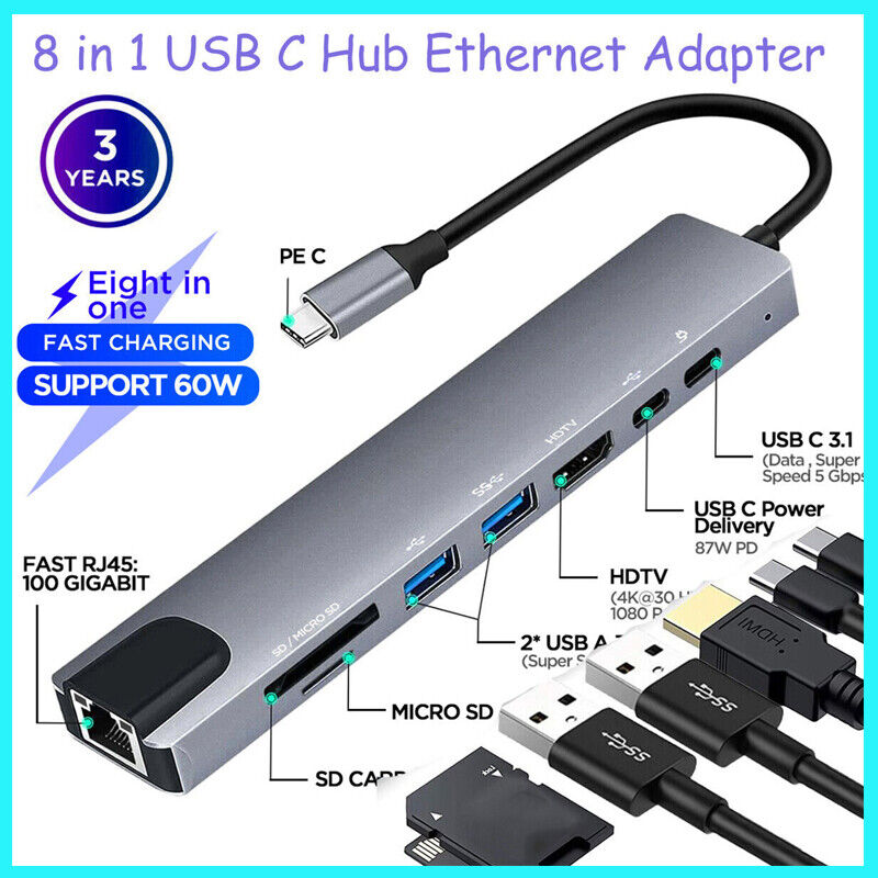 8 in 1 USB-C Type C to USB 3.0 Hub Splitter For PC Mac Phone MacBook Pro iPad