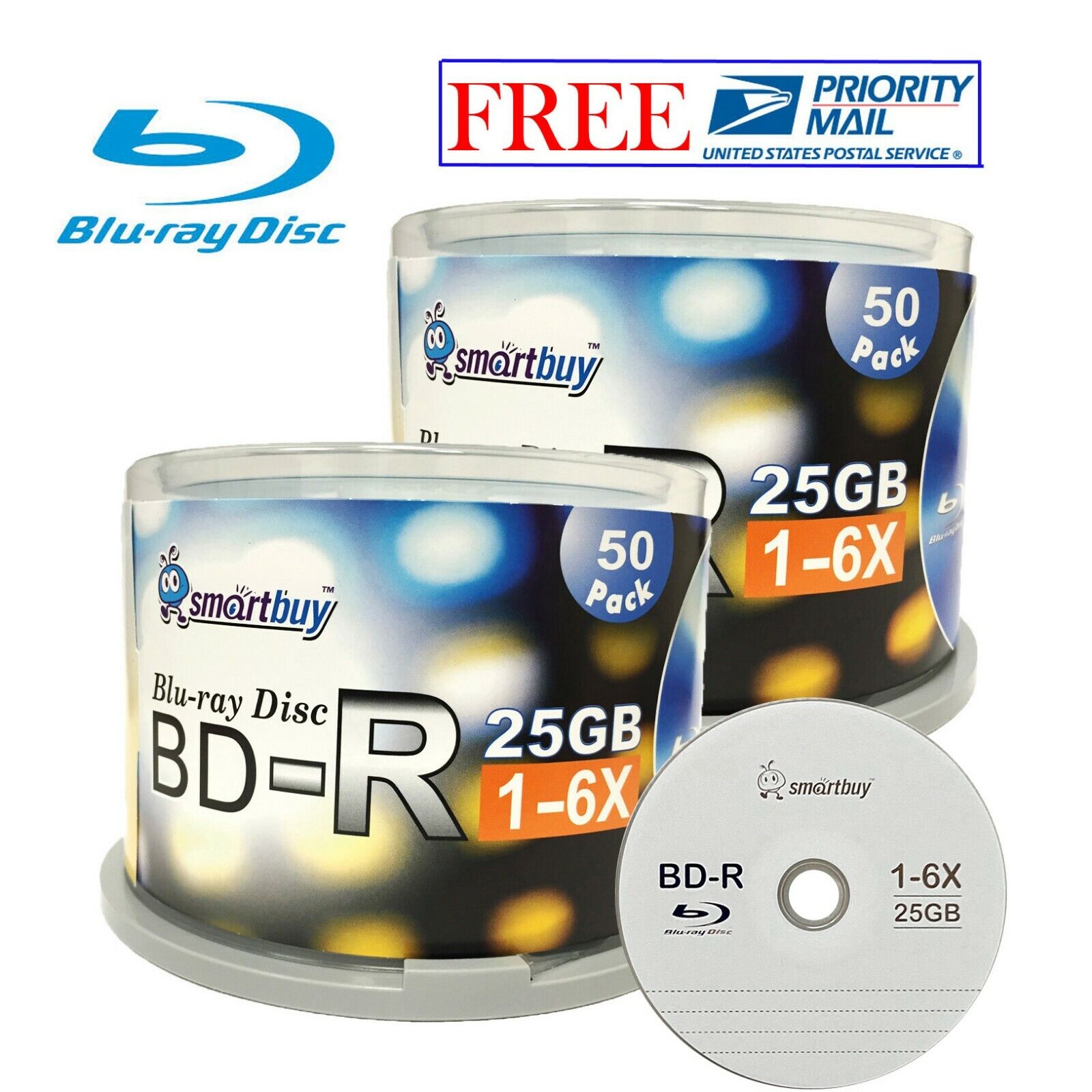 100 Pcs SmartBuy Blank BD-R BDR 6X 25GB Logo Top Blu-ray Recordable Media Disc