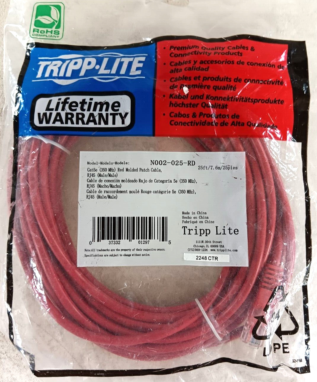 Tripp Lite N002-025-RD 25ft Cat5e Cat5 350MHz Molded Patch Cable RJ45 M/M Red
