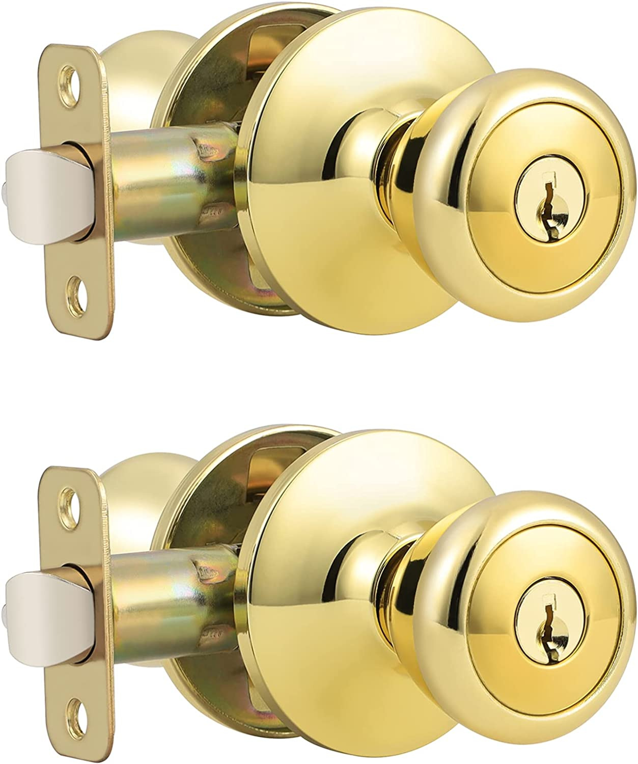 2 Pack Keyed Alike Door Knobs Polished Brass Exterior Door Knob with Same Keys T