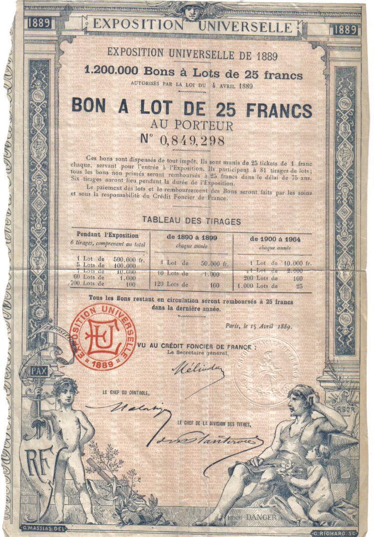 Original France Bond Paris 1889 Exposition Universelle 25 franc DECO Uncancelled