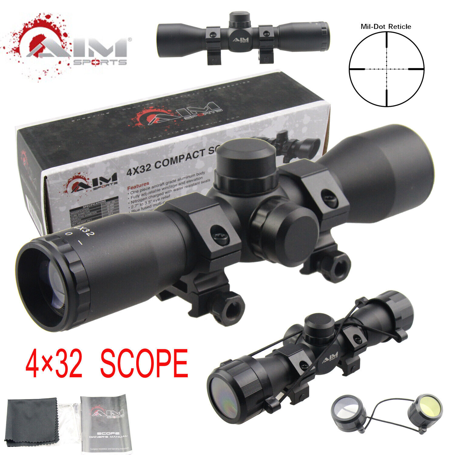 AIM SPORTS Tactical 4X32 Compact .223 .308 Scope /w Rings