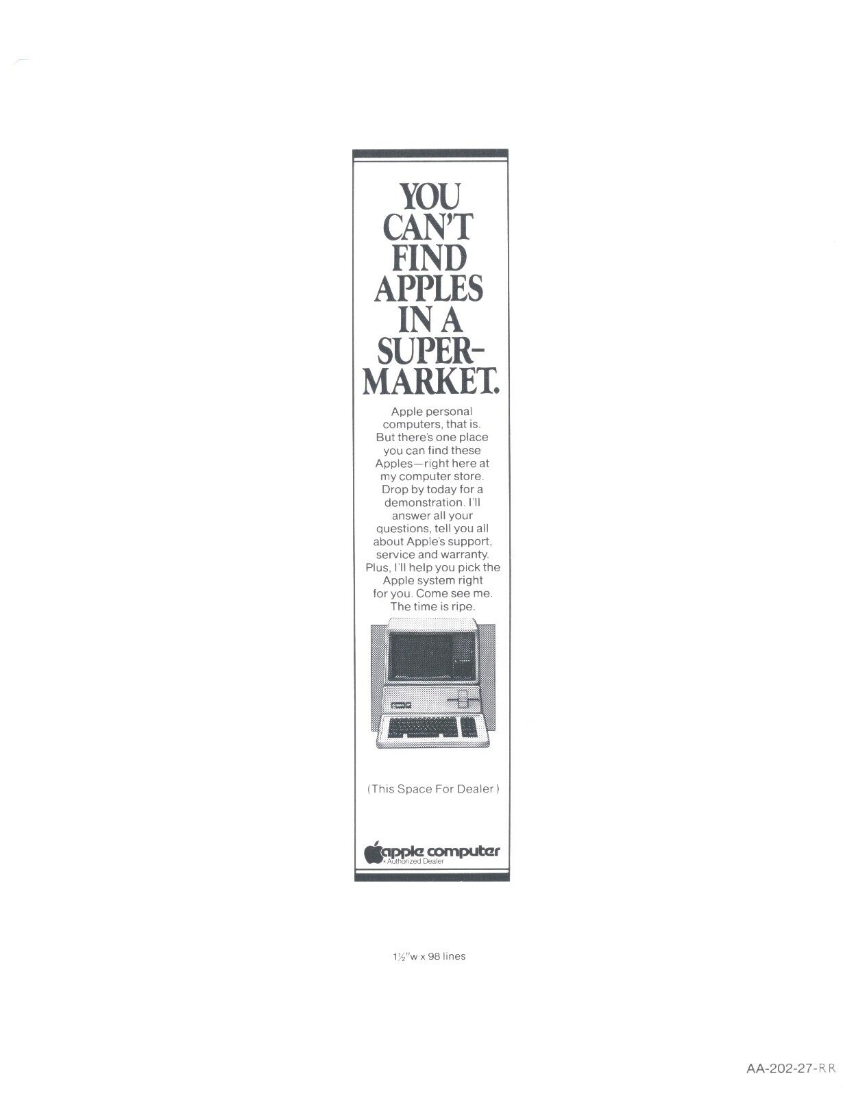 Original Apple Advertising Copy for Papers & Mags #3 -NO Apples in a Supermarket