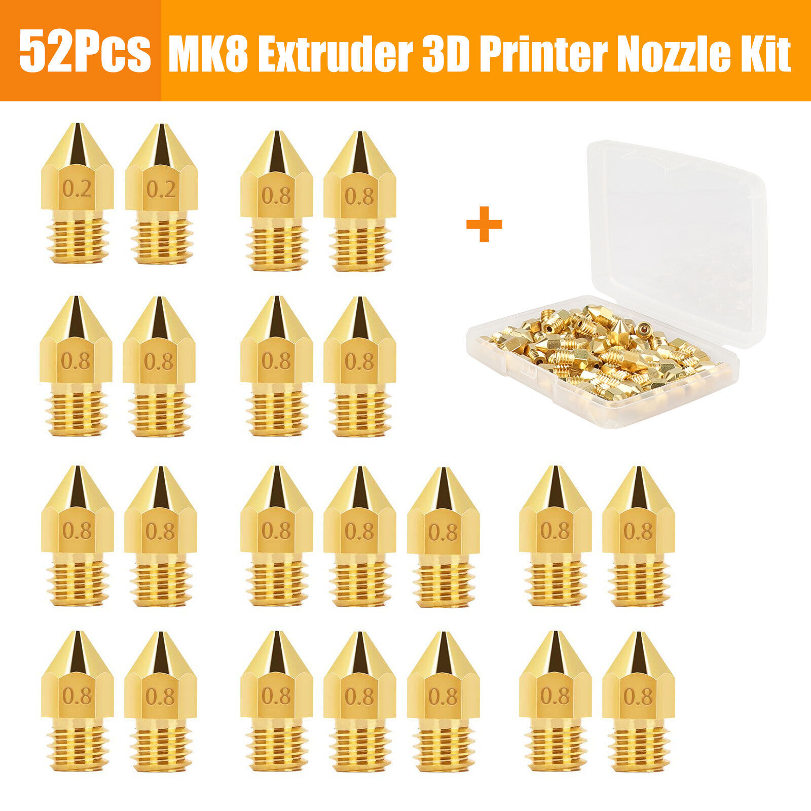 52Pcs MK8 Extruder 3D Printer Nozzle Kit 0.2mm-1.0mm for Makerbot Creality CR-10