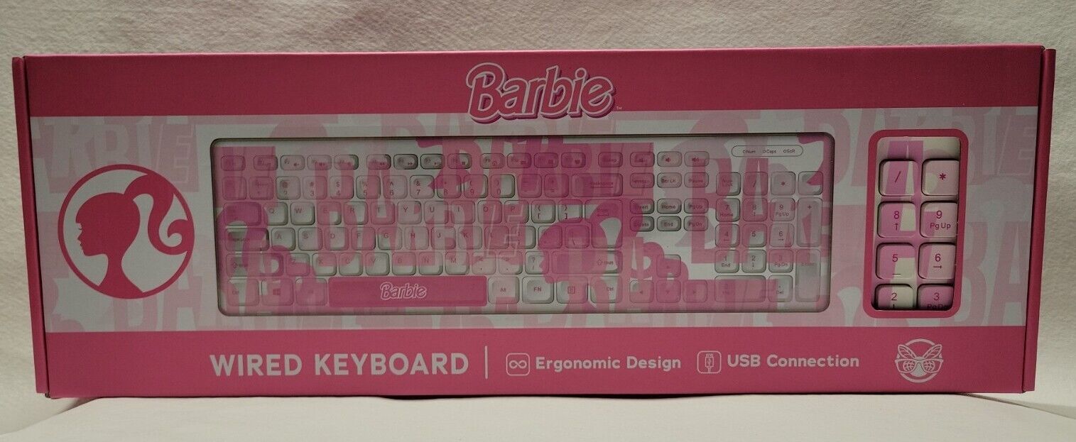 New Barbie Pink Printed Wired Computer Keyboard Ergonomic Design 2023