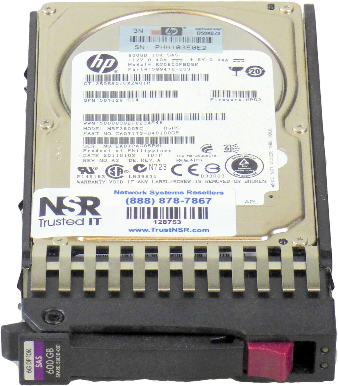 HP 600GB 6G SAS 10K rpm SFF 2.5'' Enterprise Hard Drive 581311-001 581286-B21 US