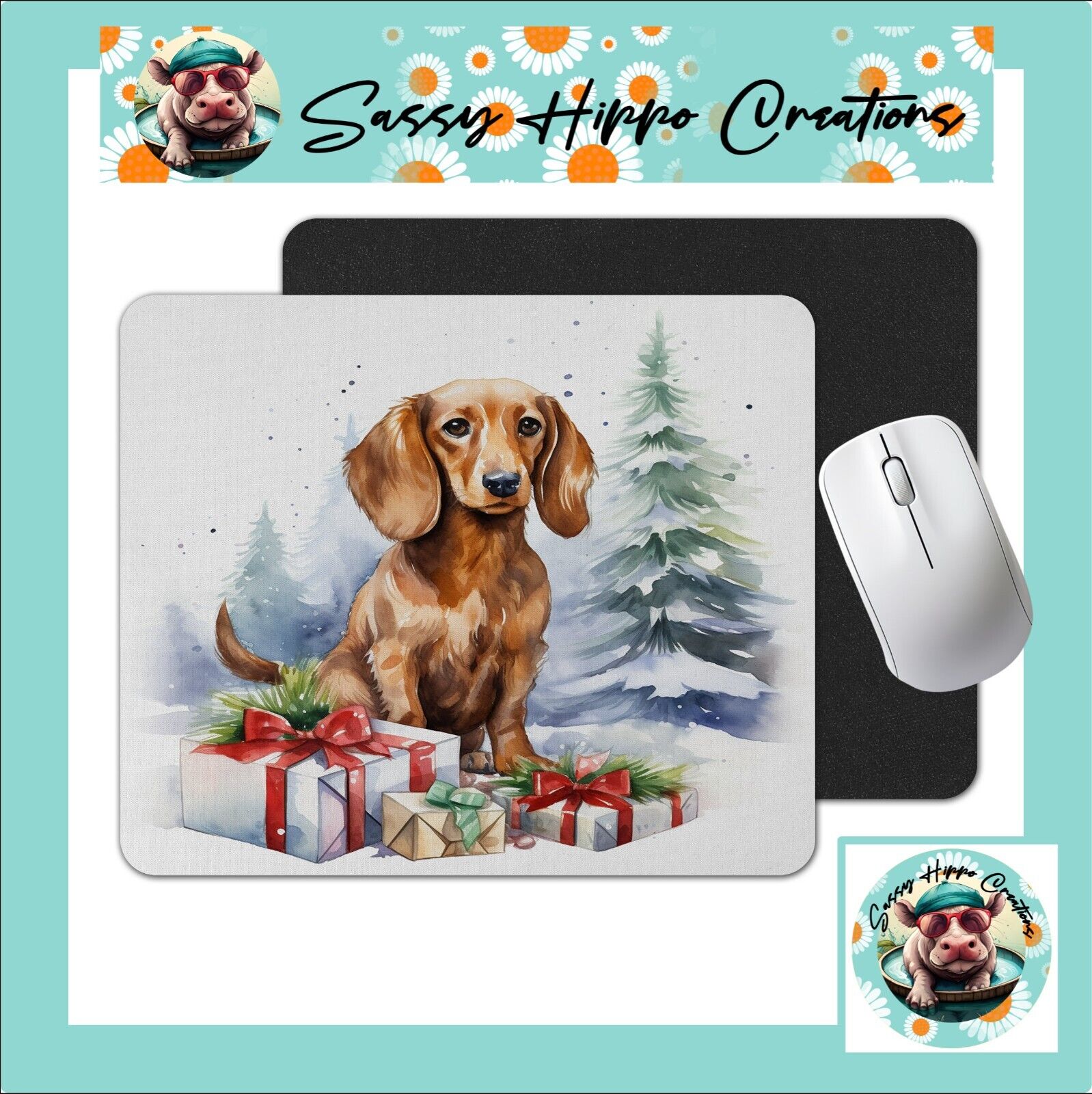Mouse Pad Adorable Dachshund Puppy Dog Christmas Anti Slip Back Easy Clean
