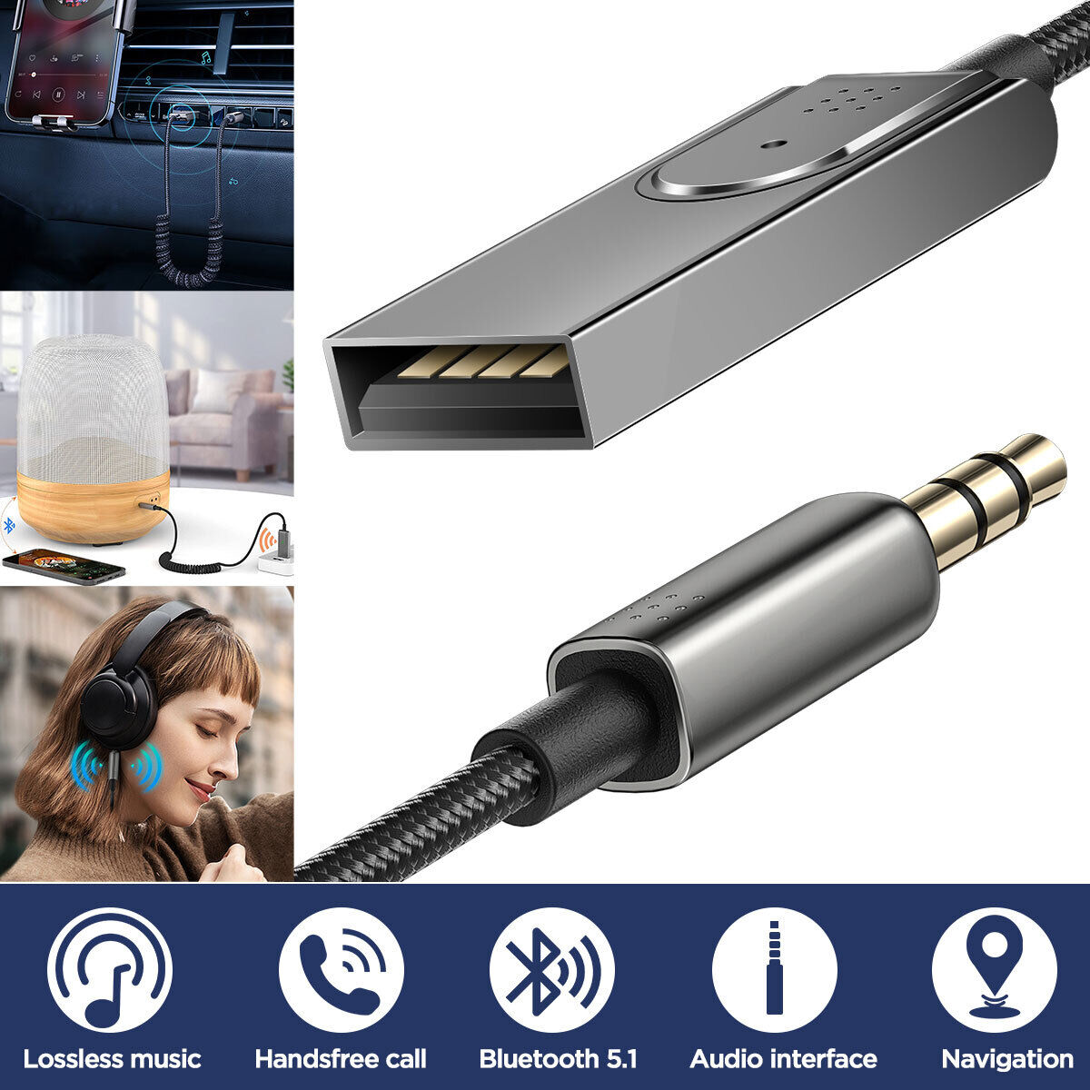 3.5mm AUX USB Wireless Bluetooth Receiver Cord Car Home PC Audio Adapter Cable