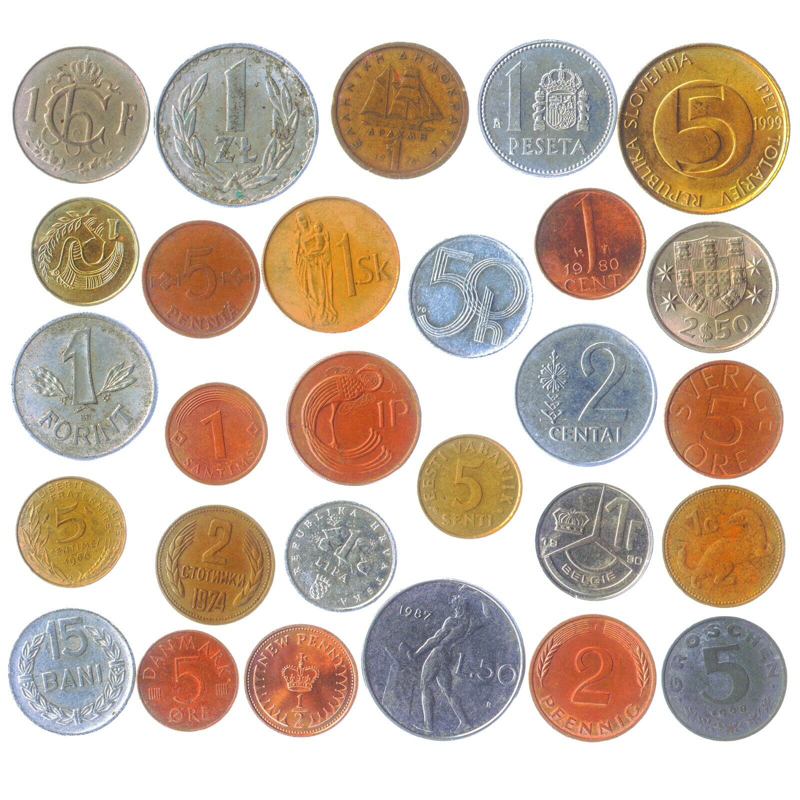 LOT OF 28 DIFFERENT COINS FROM EACH EUROPEAN UNION COUNTRY (PRE-EURO COLLECTION)