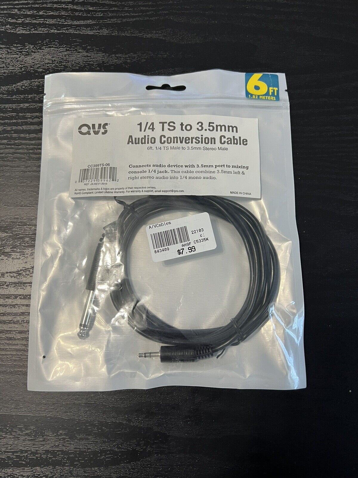 QVS CC399TS-06 6ft 3.5mm TRS to 1/4 Male TS Mono Cable - NEW
