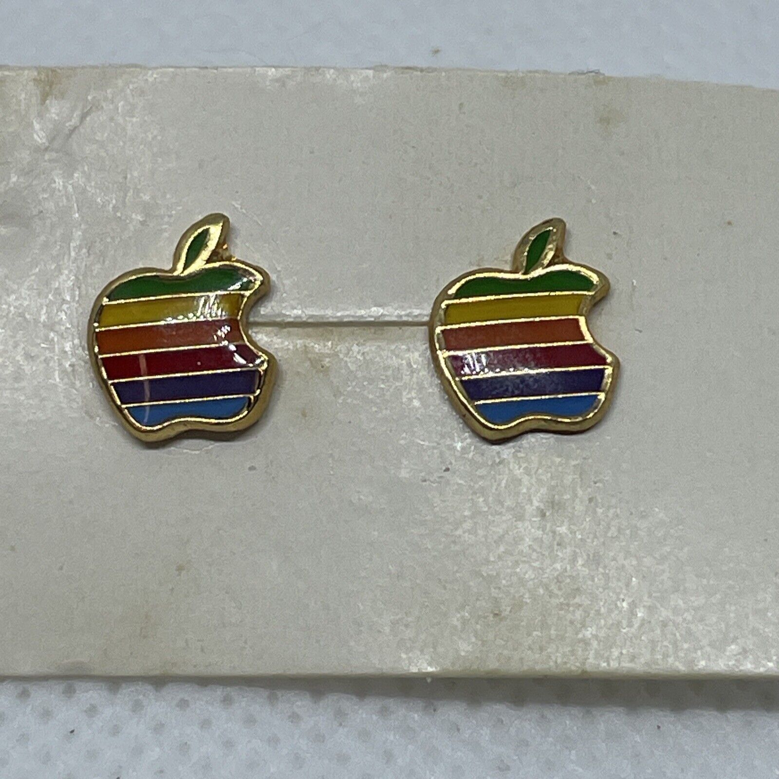 VTG Rare Apple Macintosh Computer Rainbow Logo Post Stud Earrings Emblem