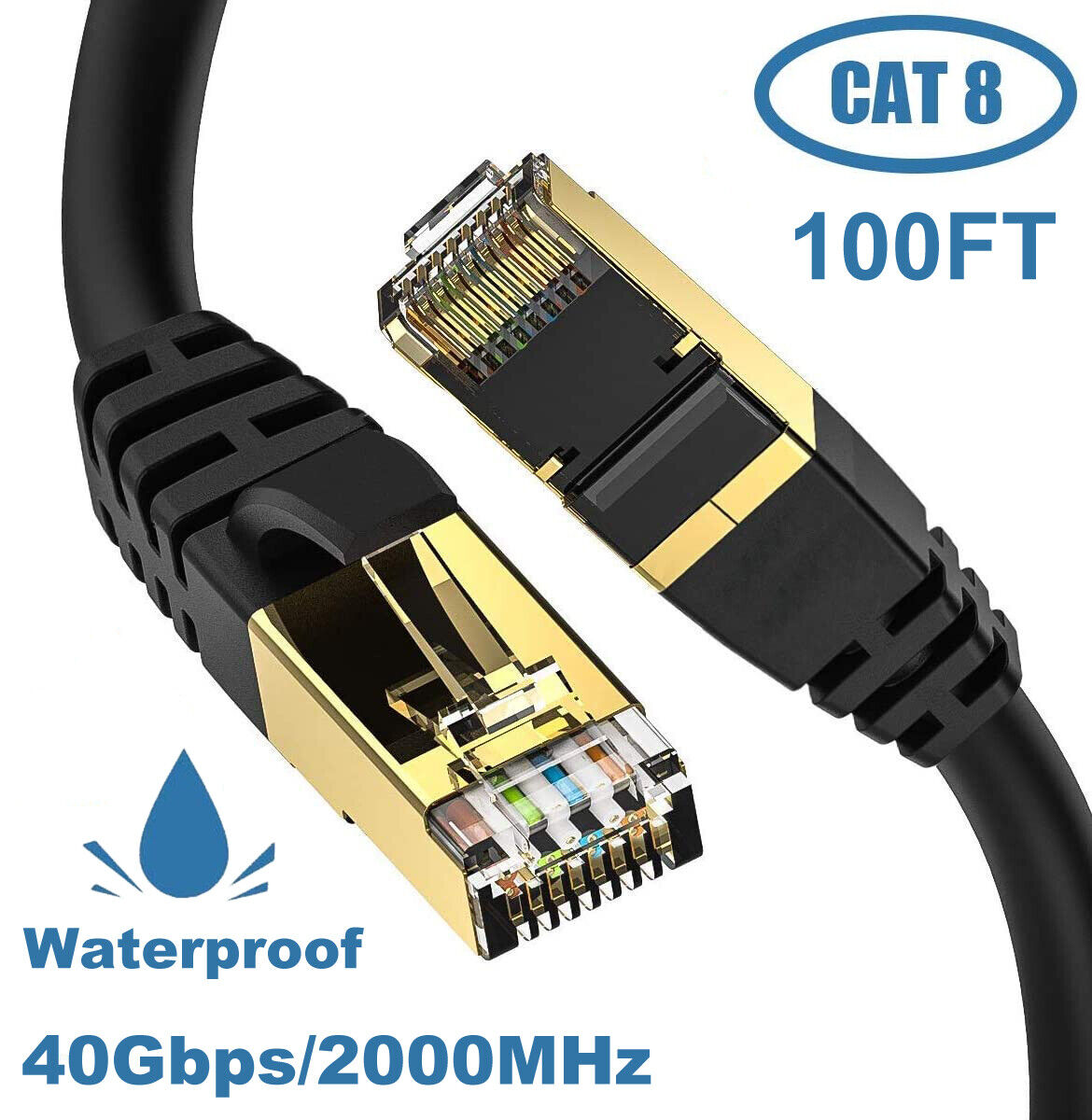 100FT CAT8 Network 40Gbps Outdoor UV Waterproof Copper PoE RJ45 Ethernet Cable