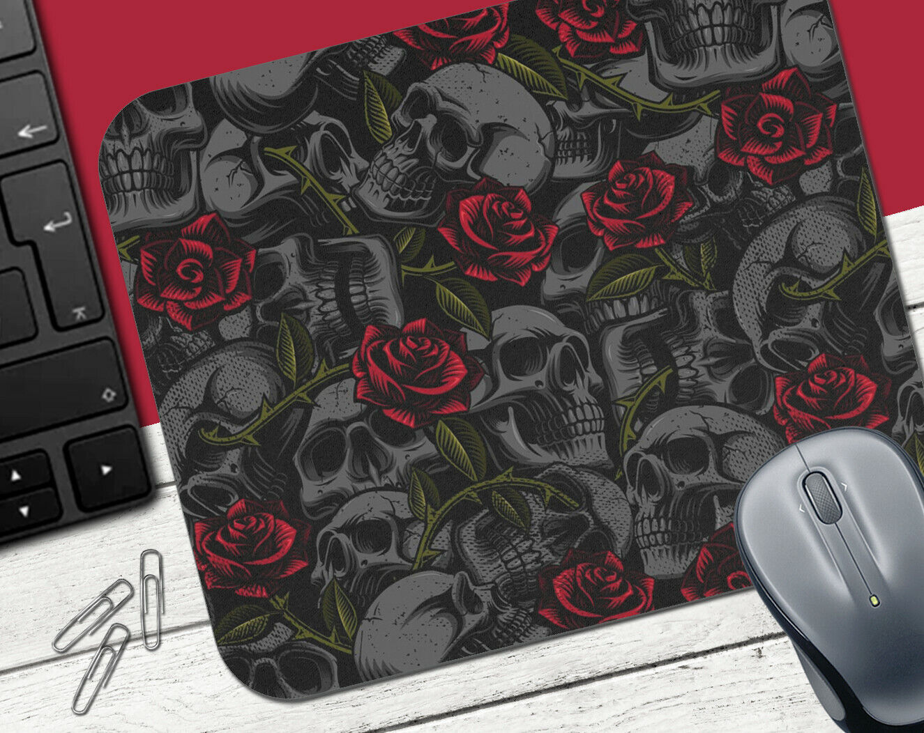 Gothic #2 - MOUSE PAD - Skulls & Red Roses Horror Scary Sexy Goth Halloween Gift