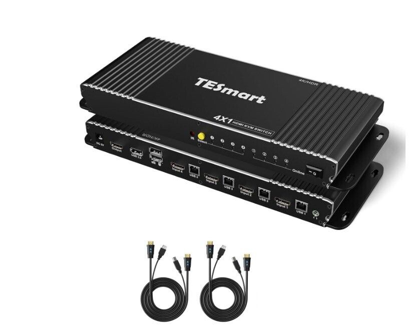 TESmart 4 Port 4K@60Hz Ultra HD 4x1 HDMI KVM Switch with 2x Cables & Remote