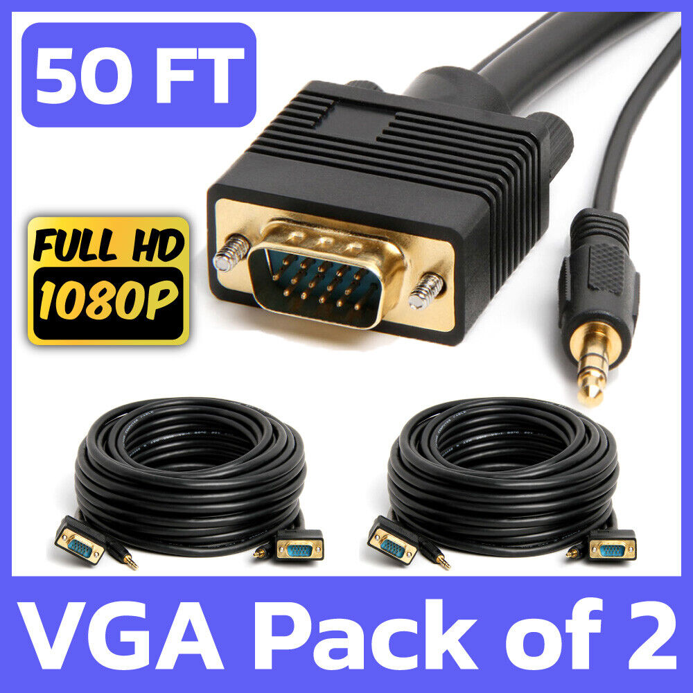 2 Pack 50FT Long VGA Monitor Cord + 3.5mm SVGA Video with AUX Stereo Audio Cable