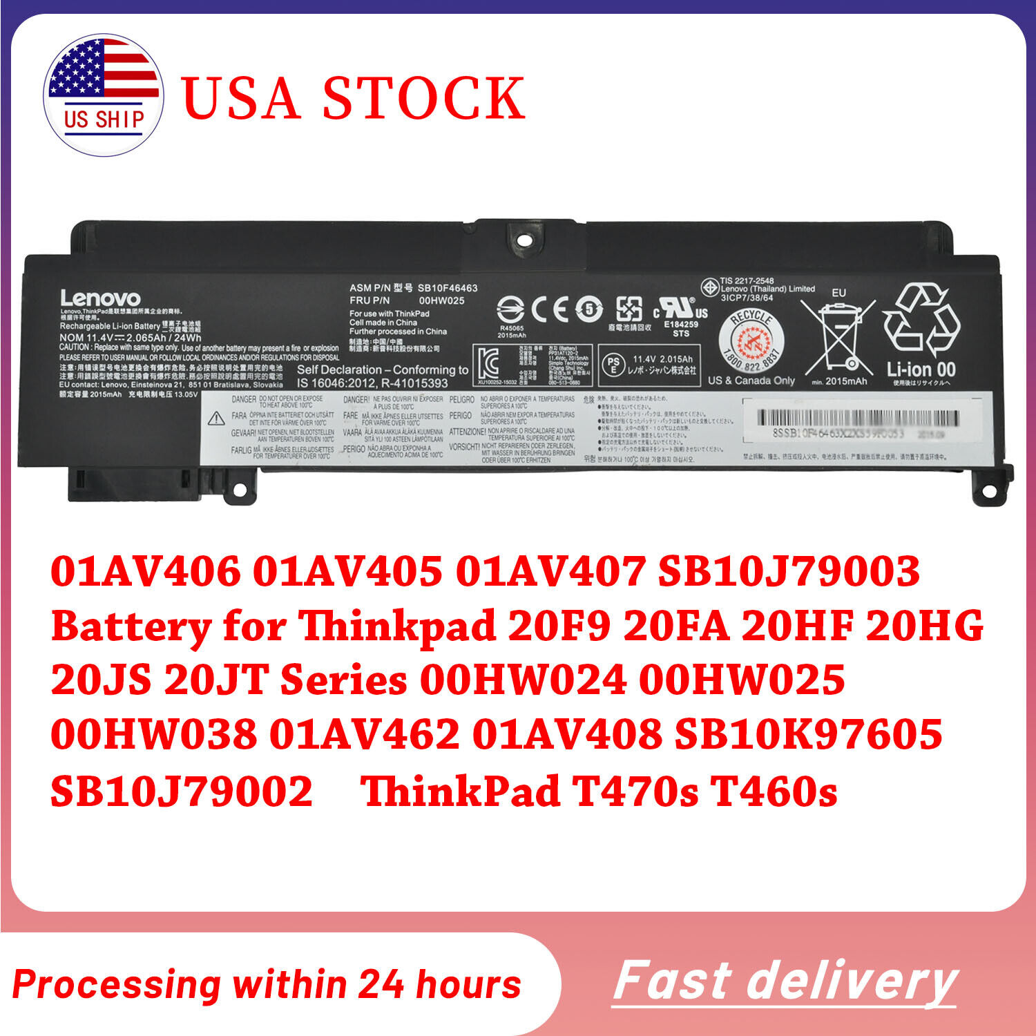 Genuine 00HW024 00HW025 Battery for Lenovo ThinkPad T460s T470s 01AV405 01AV406