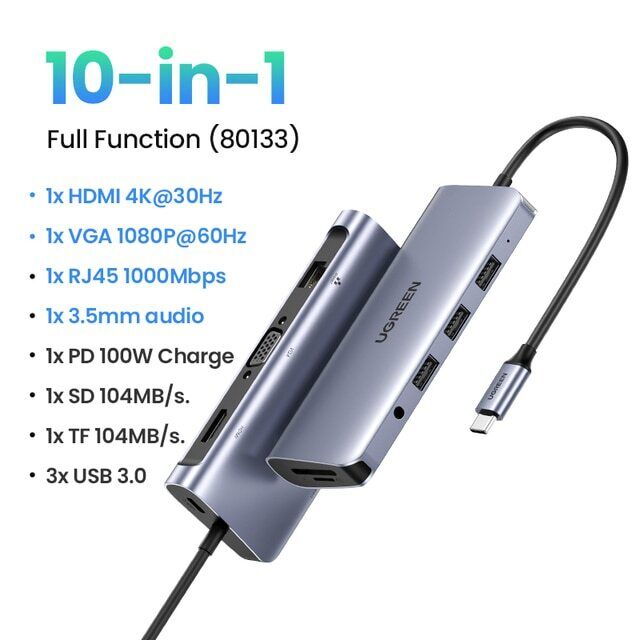 UGREEN HUB USB C to 4K HDMI RJ45 USB 3.0 Adapter 100W Dock for Macbook 10-in-1
