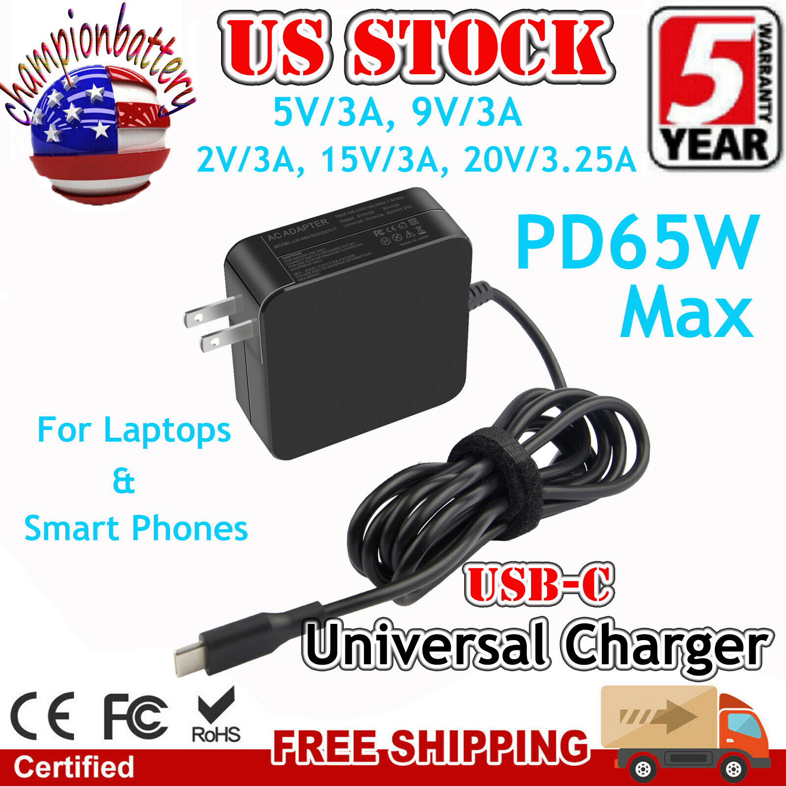 Type-C USB-C PD 5V/3A, 9V/3A, 12V/3A, 15V/3A, 20.3V/3A, 20V/3.25A Wall Charger