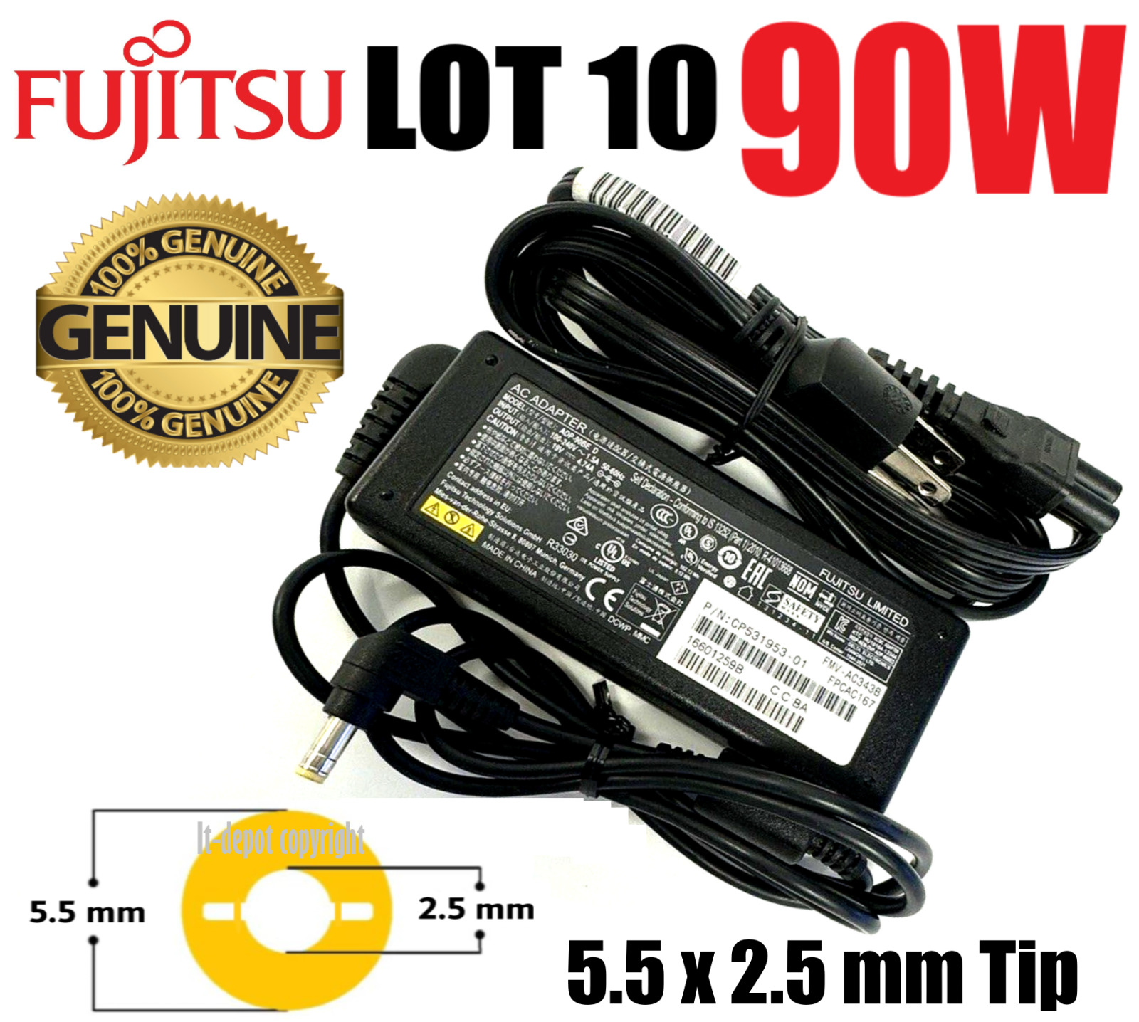 LOT OF 10 Fujitsu 90W 5.5x2.5mm AC Adapter For HP Lenovo Toshiba Acer Asus IBM