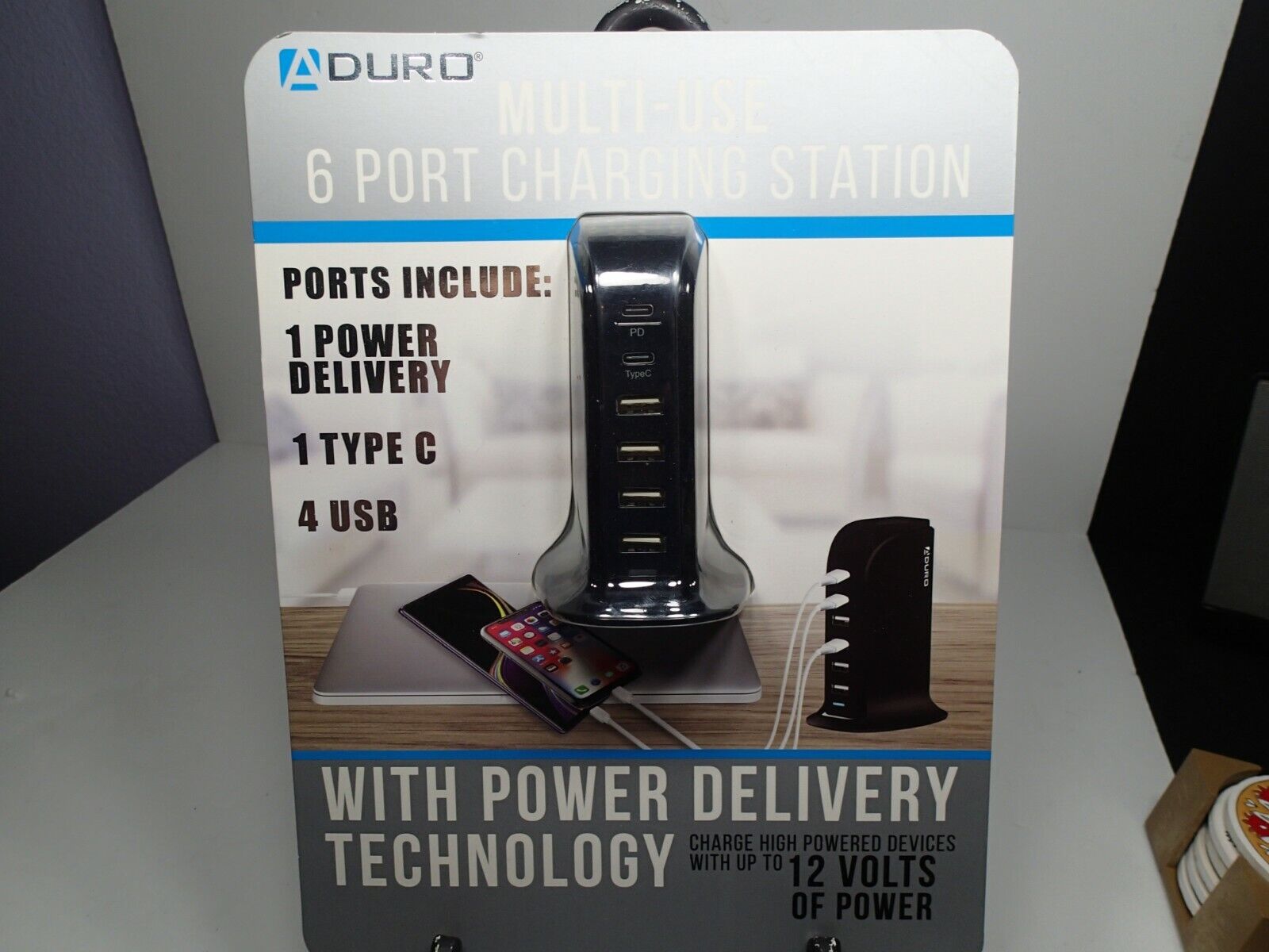 Aduro Multi Use 6 Port Charging Station 1 Power Delivery 1 Type C and 4 USB New