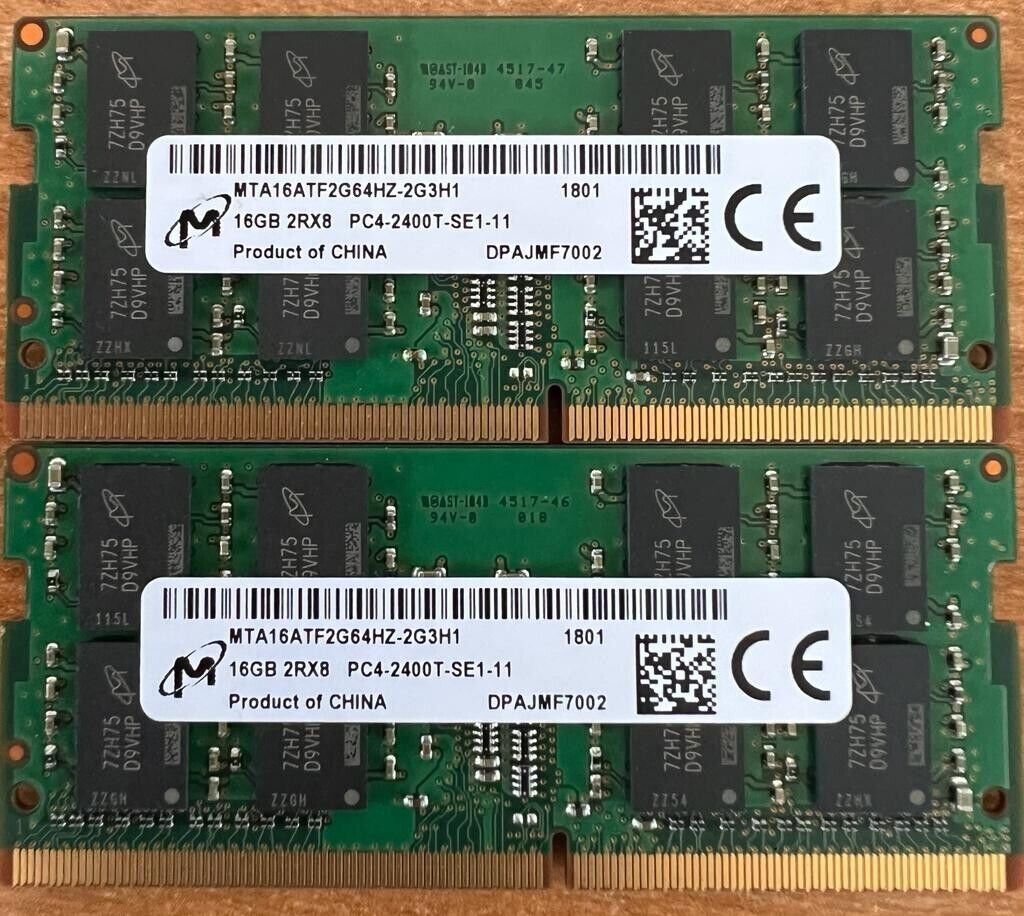 32GB (2x16GB) MICRON DDR4 2400 MHZ PC4-19200 2RX8 Laptop MTA16ATF2G64HZ-2G3H1