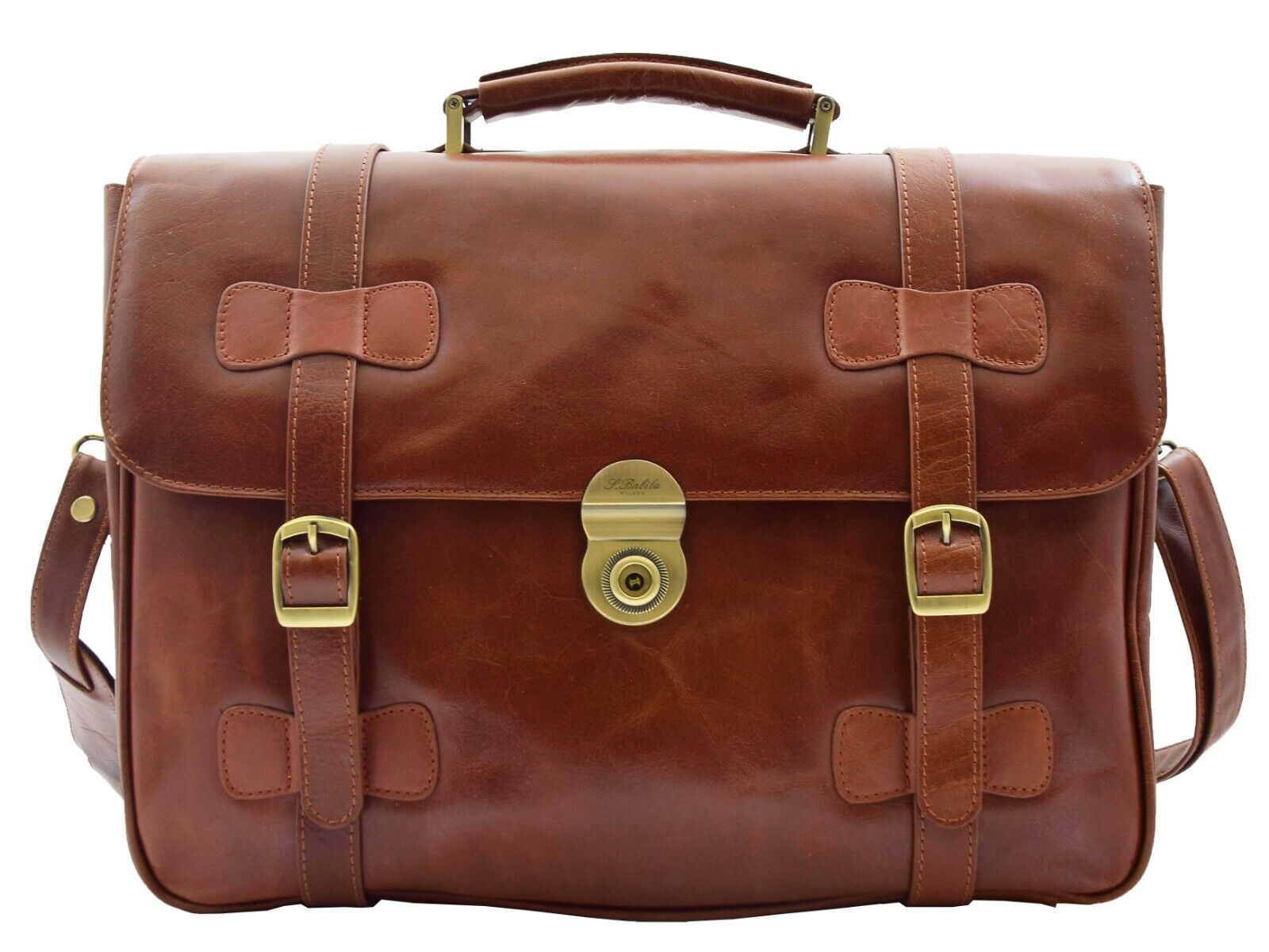 Mens Leather Briefcase Cognac Vintage Classic Office Bag Messenger Laptop Case