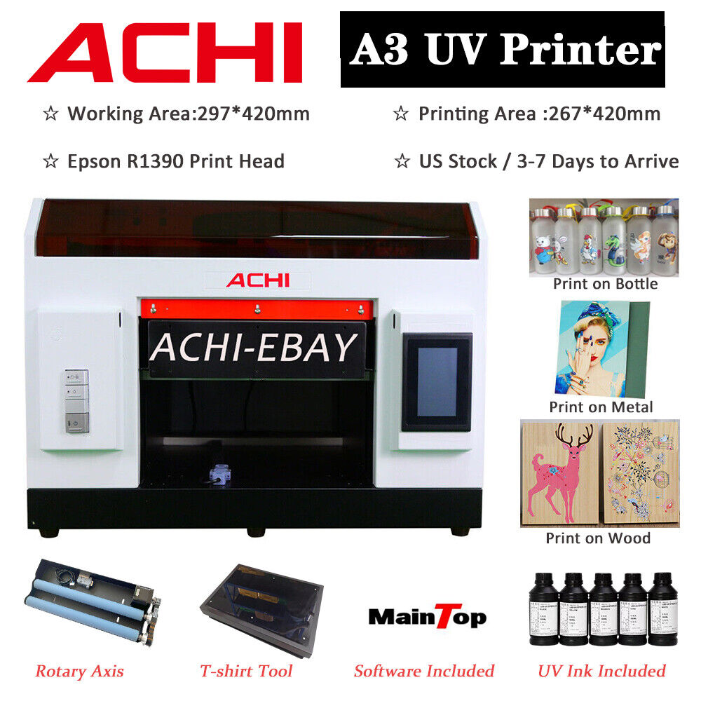 ACHI A3 UV Printer Epson R1390 Nozzle Flatbed Cylindrical Glass Metal & Rotation