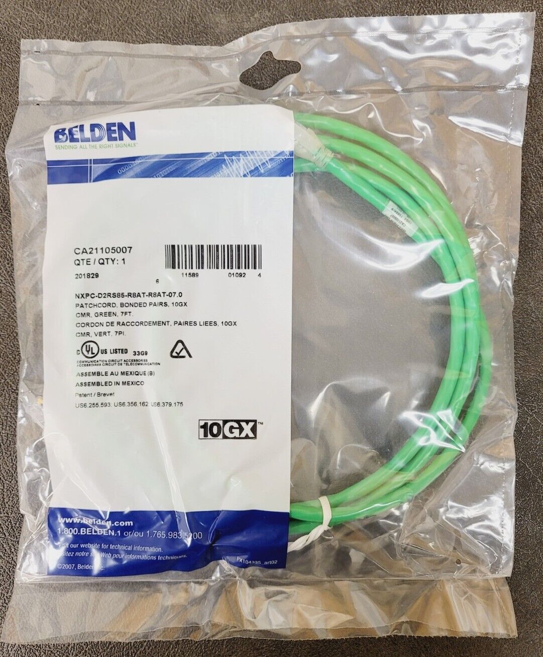 Belden Cat6A 7 FT Patch cord 24AWG 625Bonded Pair 10GX Green - RJ45 CA21105007