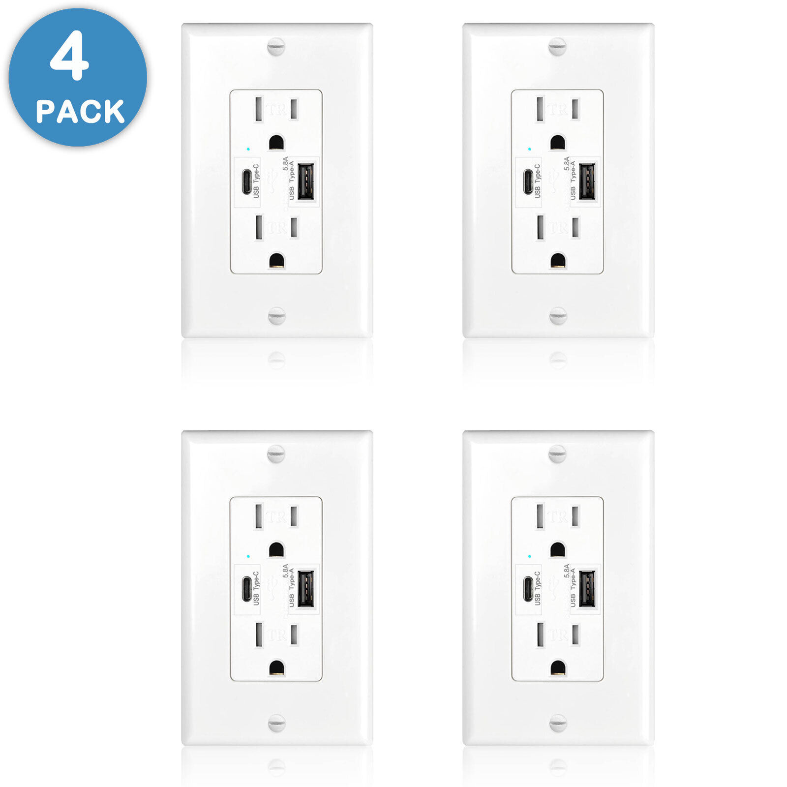 4PACK High Speed 5.8A Dual USB Type-C Wall Outlet Tamper Resistant Receptacle US