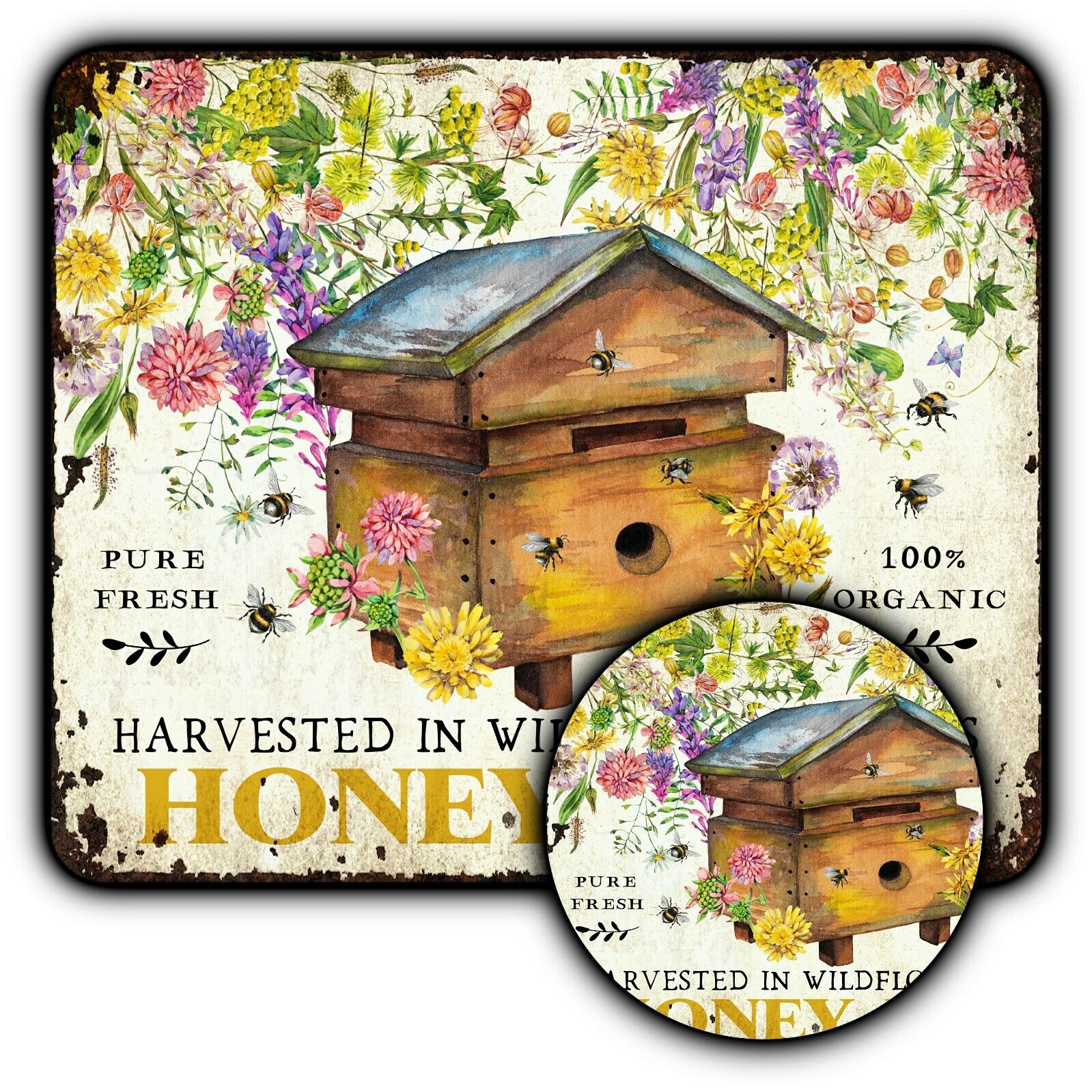 Mouse Pad Sign + Coaster - Vintage Style - Honey Bees - 1/4\