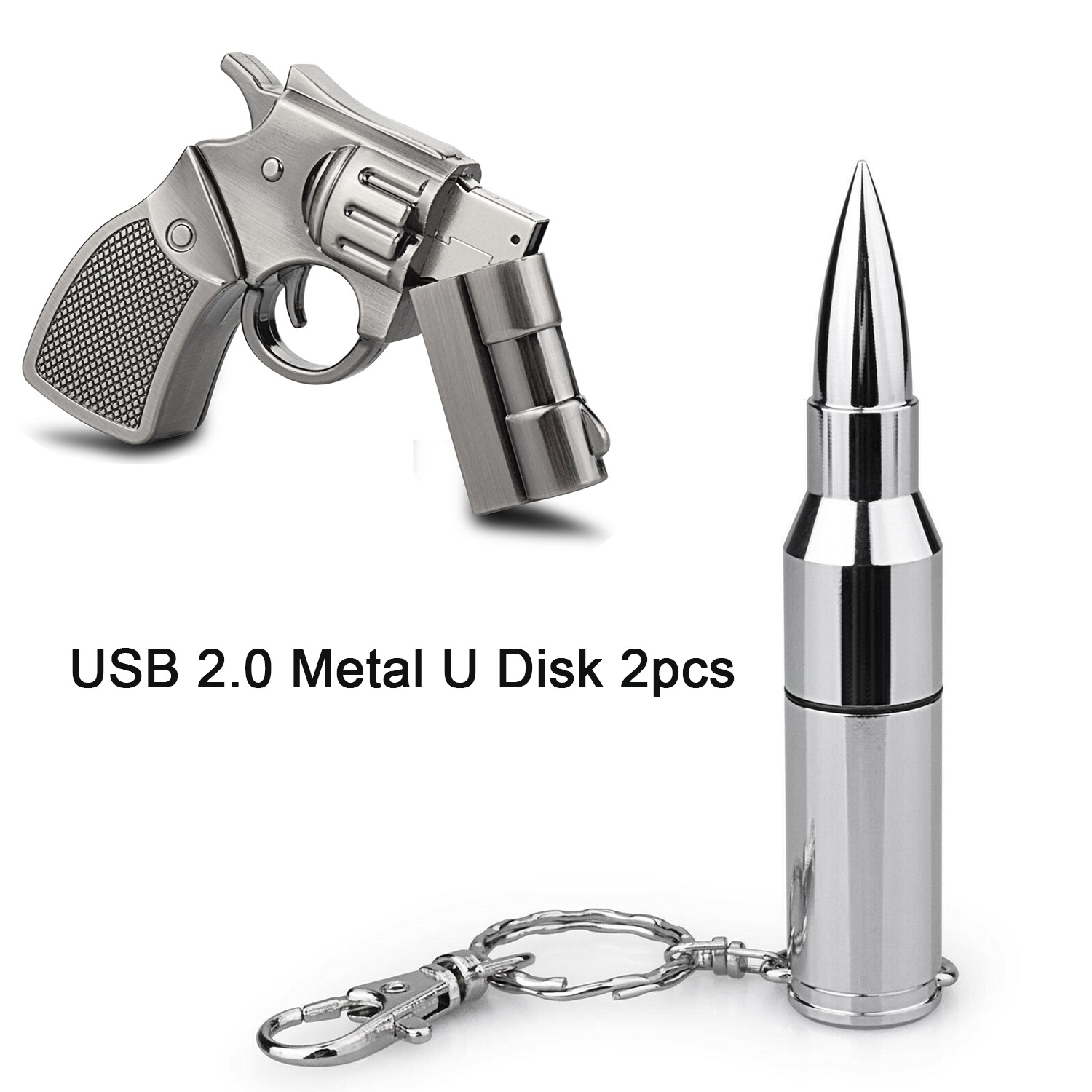 Bullet Model USB Flash Drive+Gun Model Flash Drive 32GB USB 2.0 2pcs Pack Silver