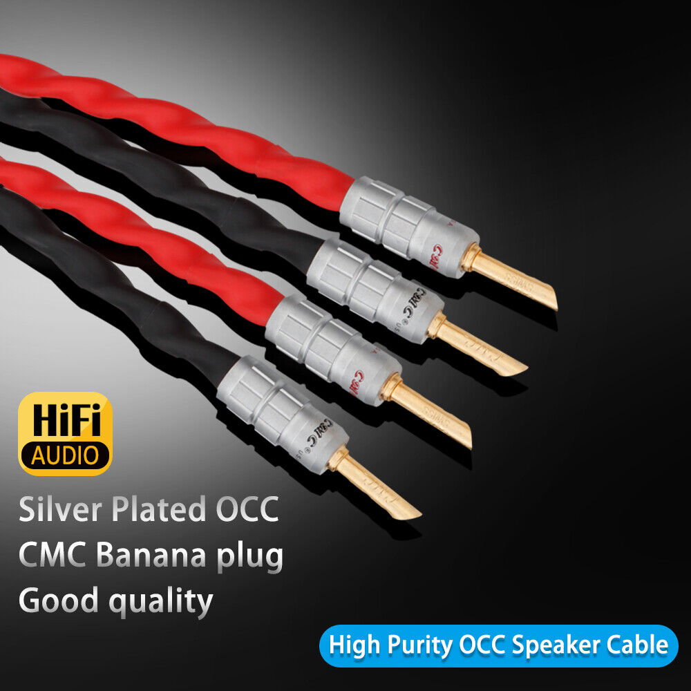 Pair Audio Speaker Cable Silver Plated OCC Line with Gold Plated Banana Plugs
