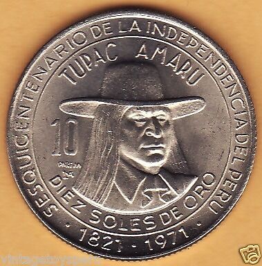 1971 10 SOLES DE ORO COIN PERU  TUPAC AMARU UNC