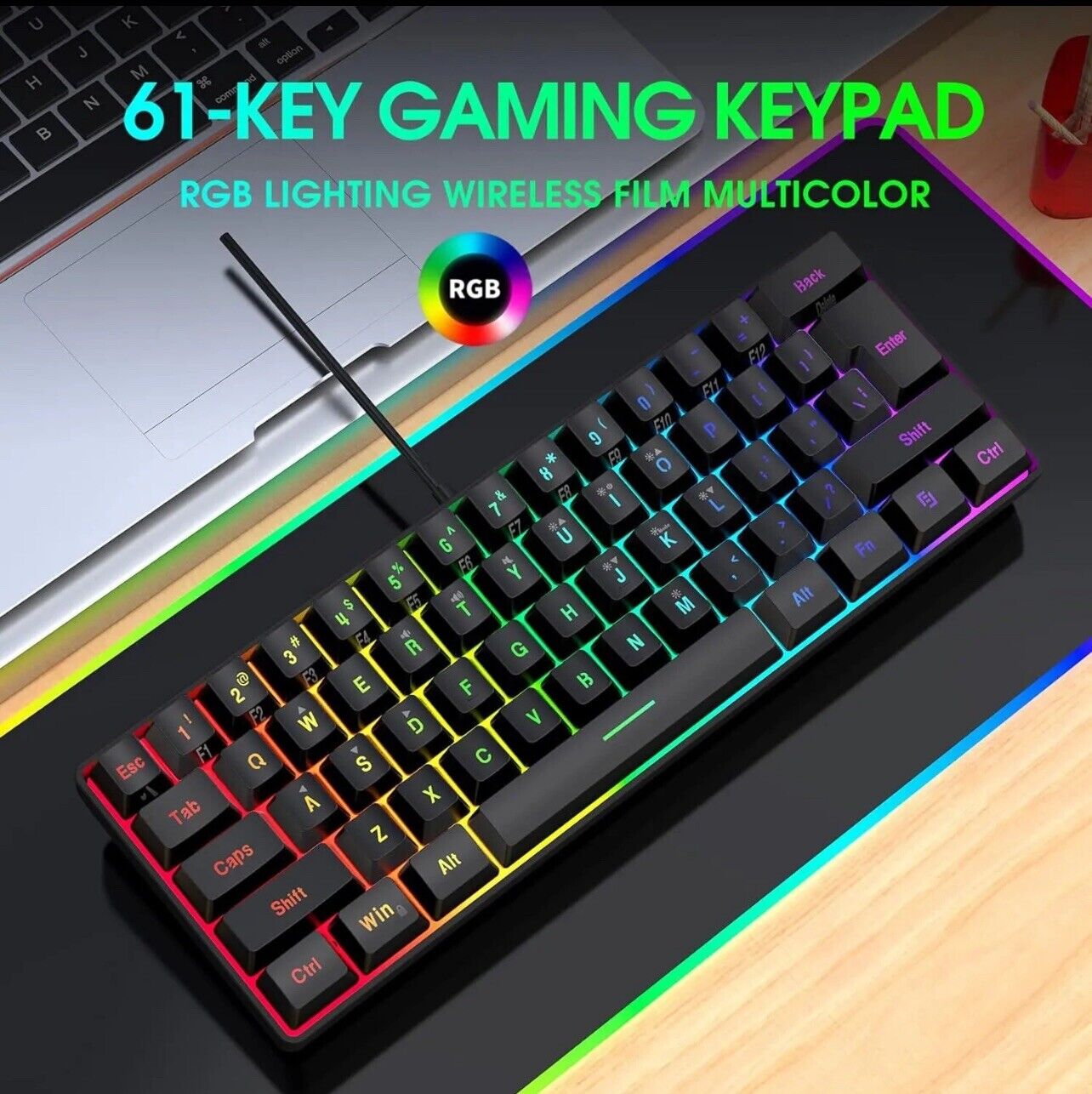 60% 61 Keys RGB Backlit Gaming Keyboard, Ergonomic Black, Wired Keyboard
