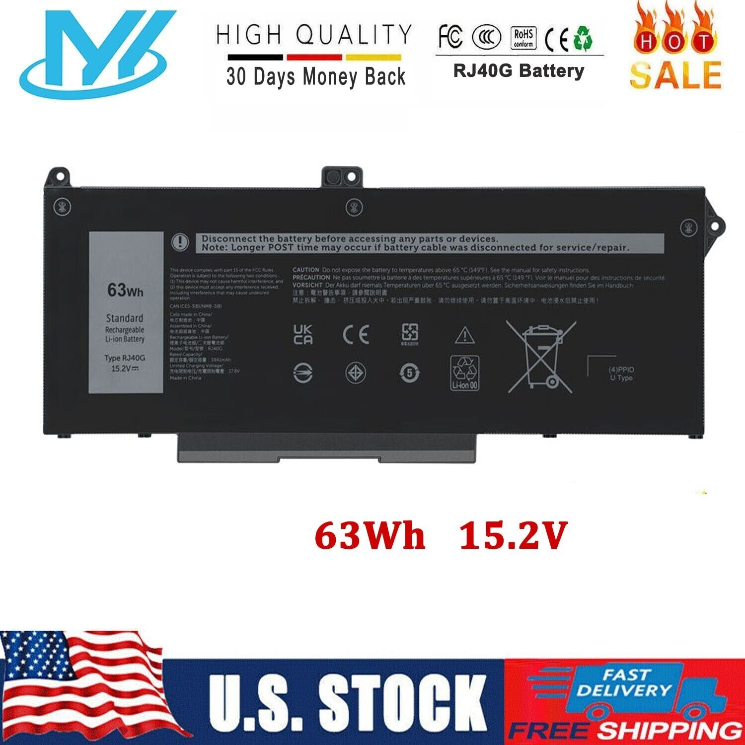 For Dell Latitude 5420 5520 Precision 3560 63Wh 4Cell Laptop Battery RJ40G M033W