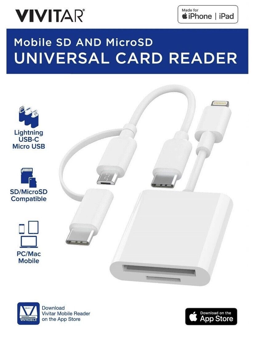 NEW Vivitar Apple IOS Mobile SD & MicroSD Universal Card Reader White MOV4016